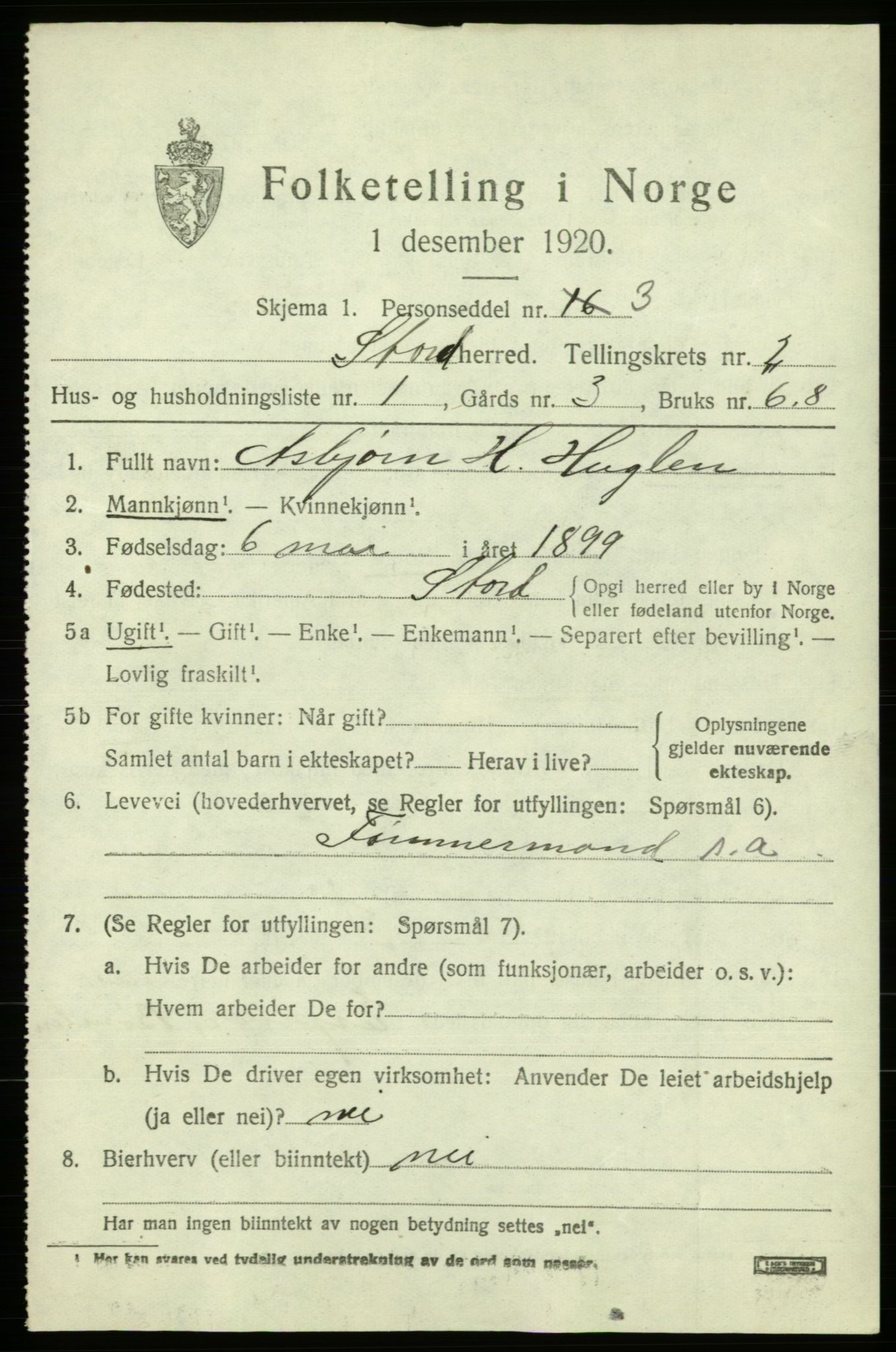 SAB, 1920 census for Stord, 1920, p. 1487