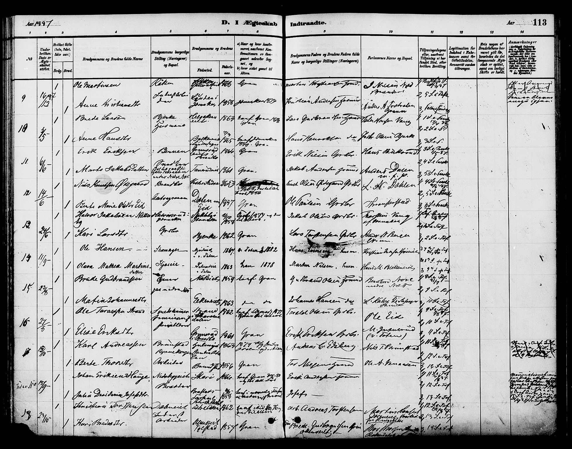 Gran prestekontor, SAH/PREST-112/H/Ha/Haa/L0015: Parish register (official) no. 15, 1880-1888, p. 113
