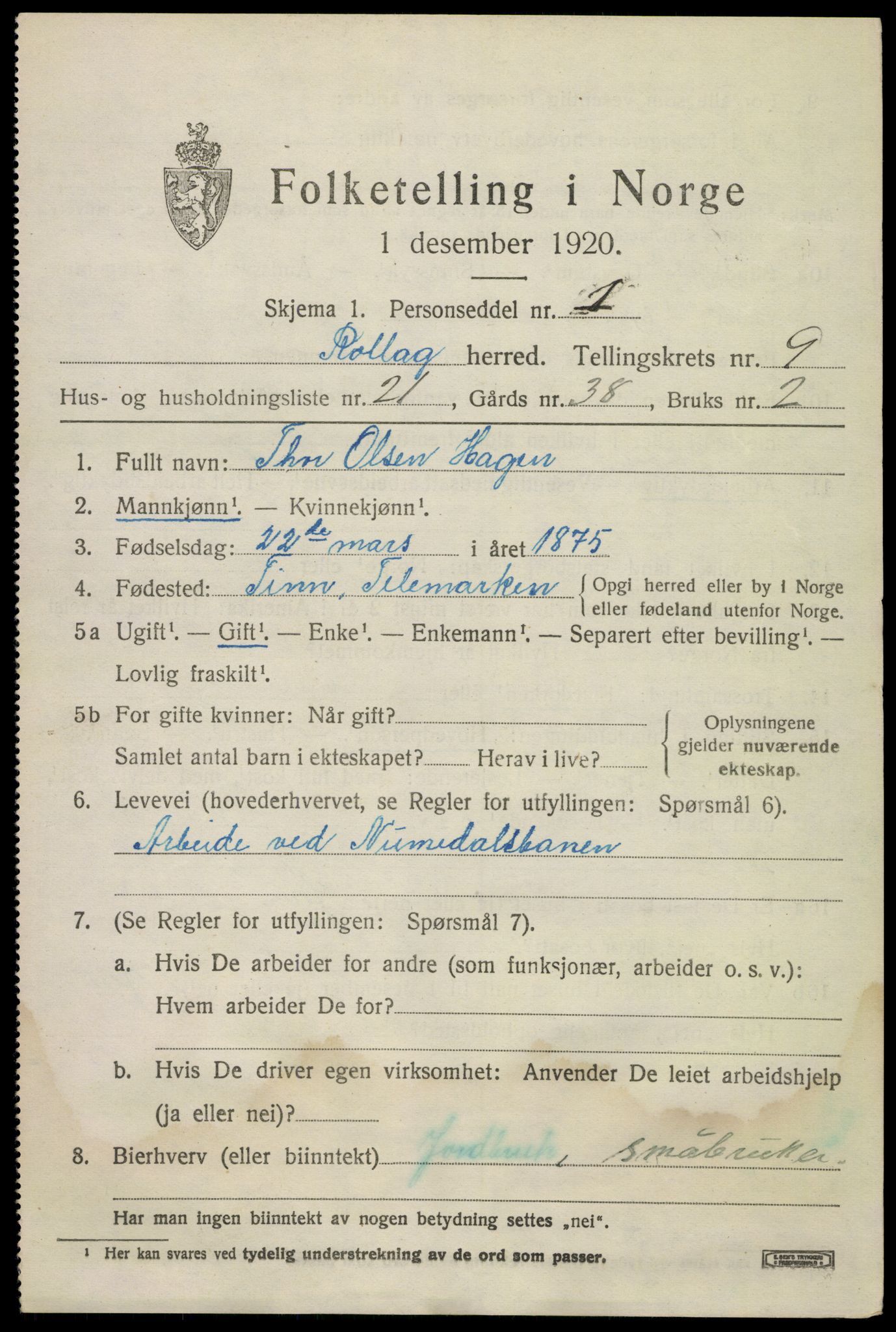 SAKO, 1920 census for Rollag, 1920, p. 3382