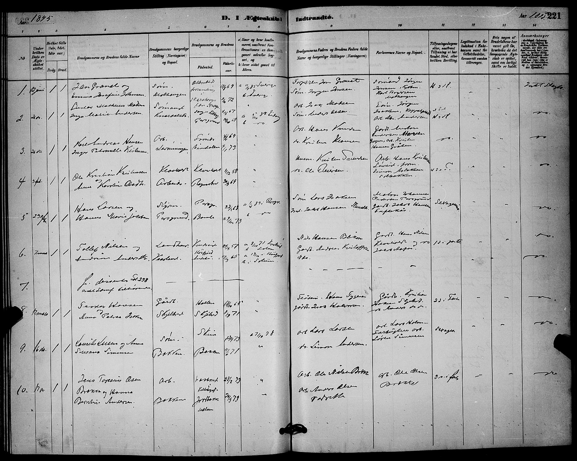 Solum kirkebøker, SAKO/A-306/G/Ga/L0007: Parish register (copy) no. I 7, 1884-1898, p. 221