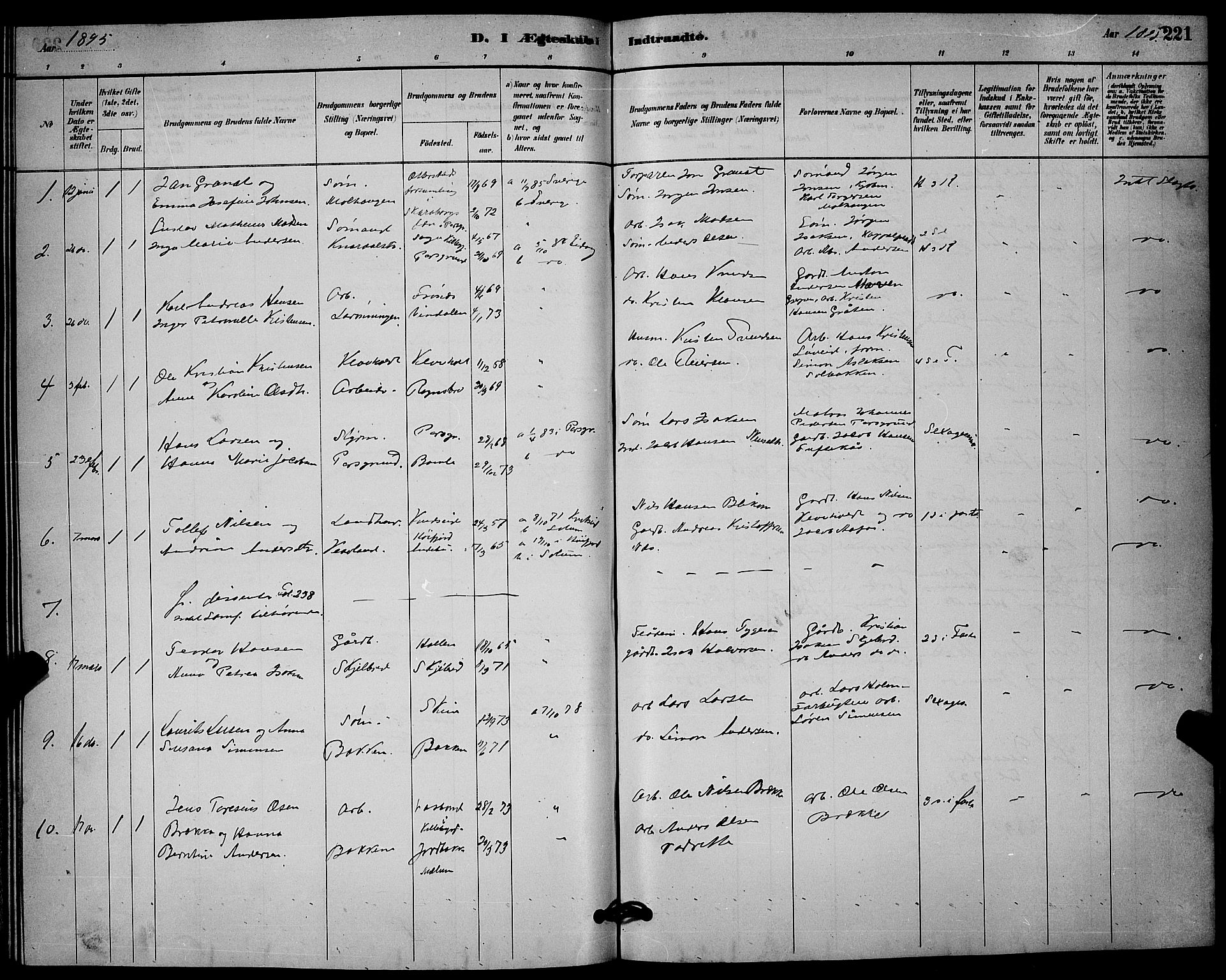 Solum kirkebøker, AV/SAKO-A-306/G/Ga/L0007: Parish register (copy) no. I 7, 1884-1898, p. 221