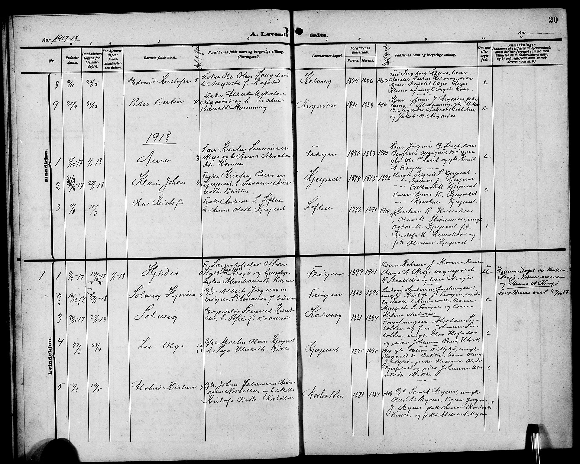 Bremanger sokneprestembete, AV/SAB-A-82201/H/Hab/Habb/L0001: Parish register (copy) no. B 1, 1906-1925, p. 20