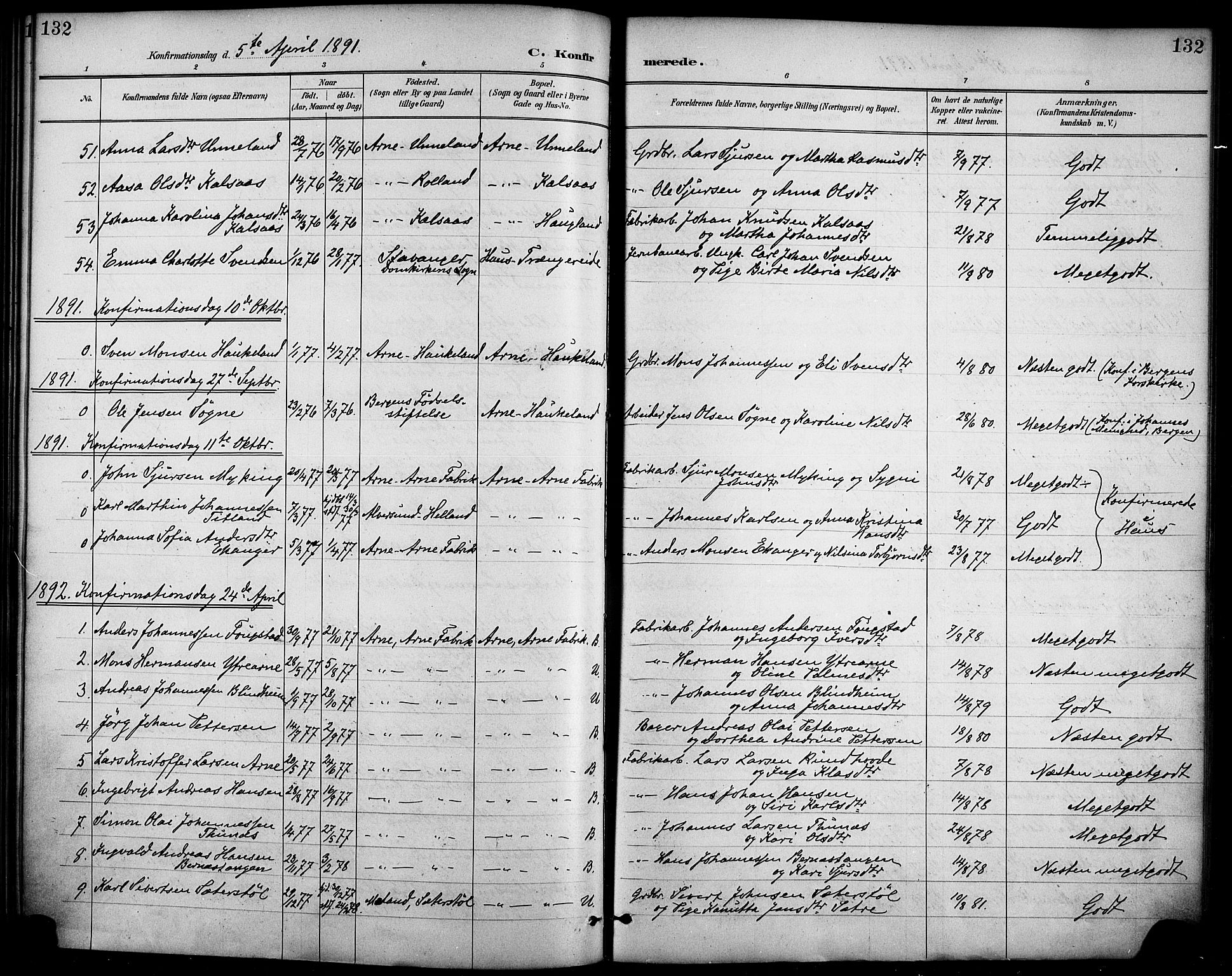 Haus sokneprestembete, AV/SAB-A-75601/H/Haa/Haad/L0001: Parish register (official) no. D 1, 1887-1898, p. 132