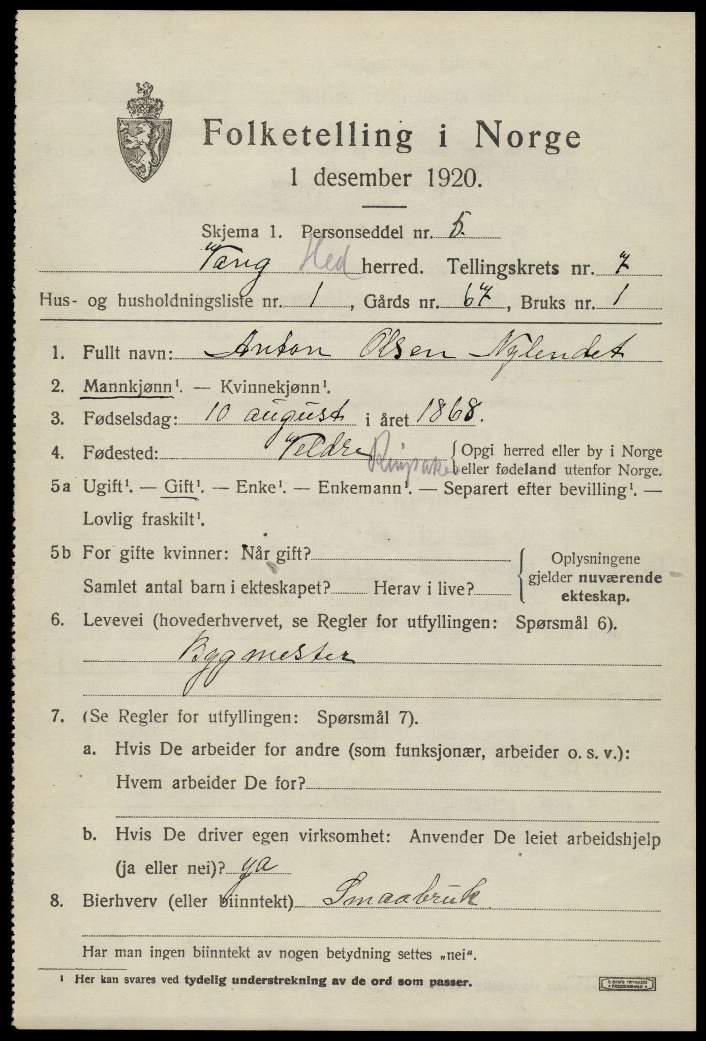 SAH, 1920 census for Vang (Hedmark), 1920, p. 16037