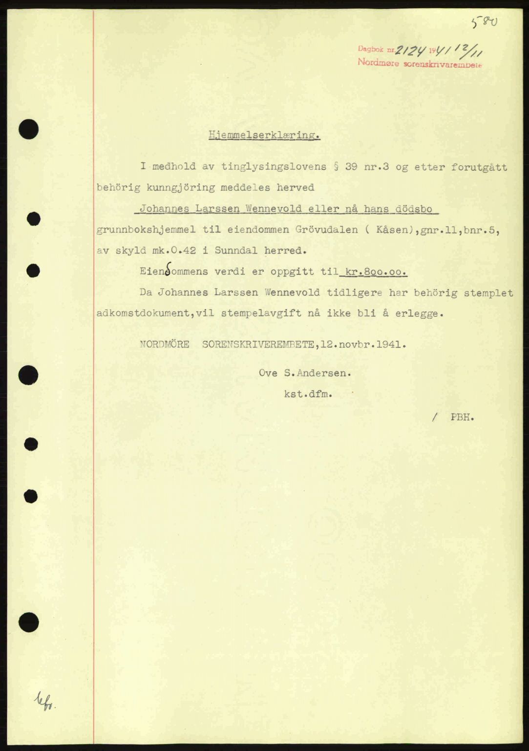Nordmøre sorenskriveri, SAT/A-4132/1/2/2Ca: Mortgage book no. B88, 1941-1942, Diary no: : 2124/1941