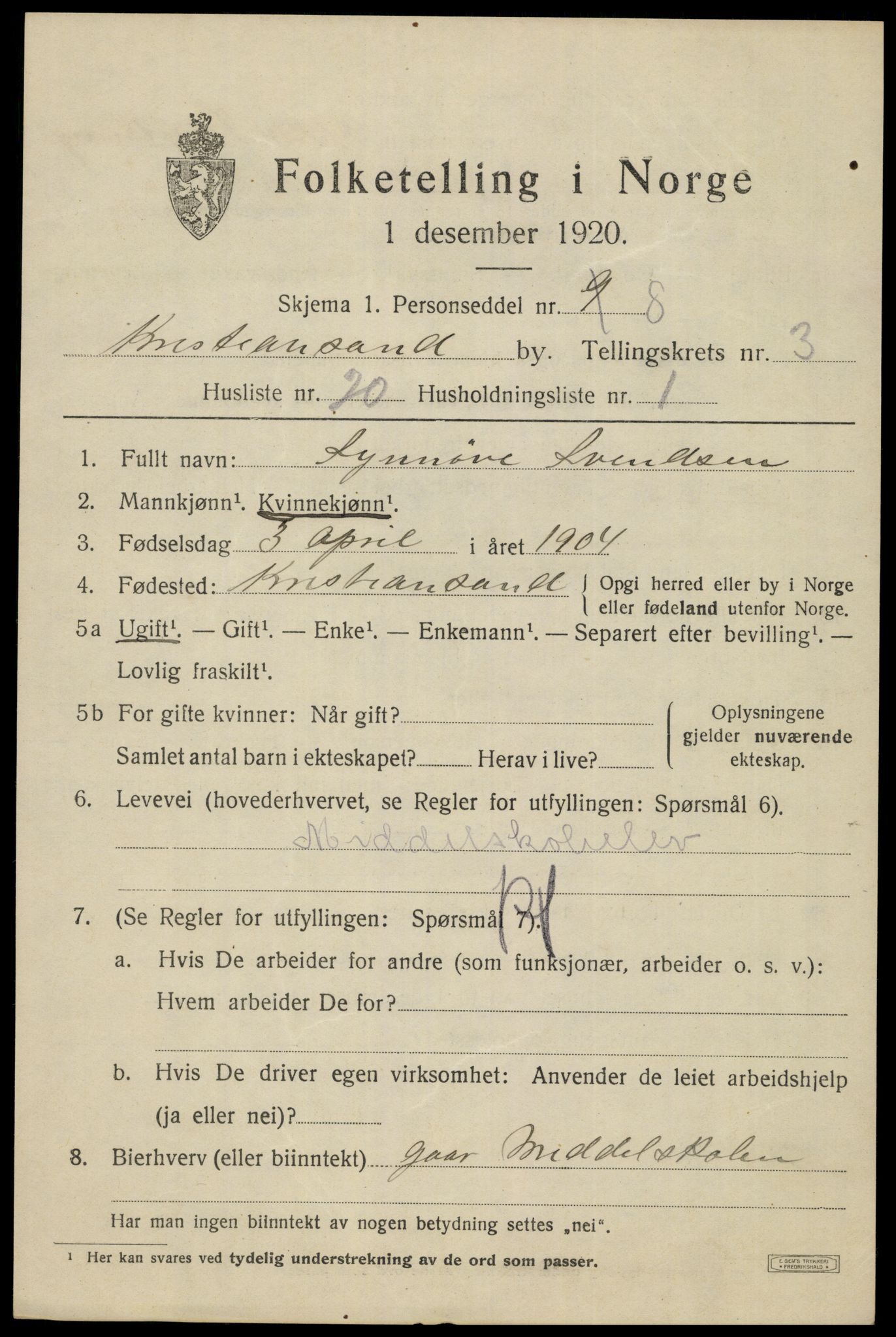 SAK, 1920 census for Kristiansand, 1920, p. 14259