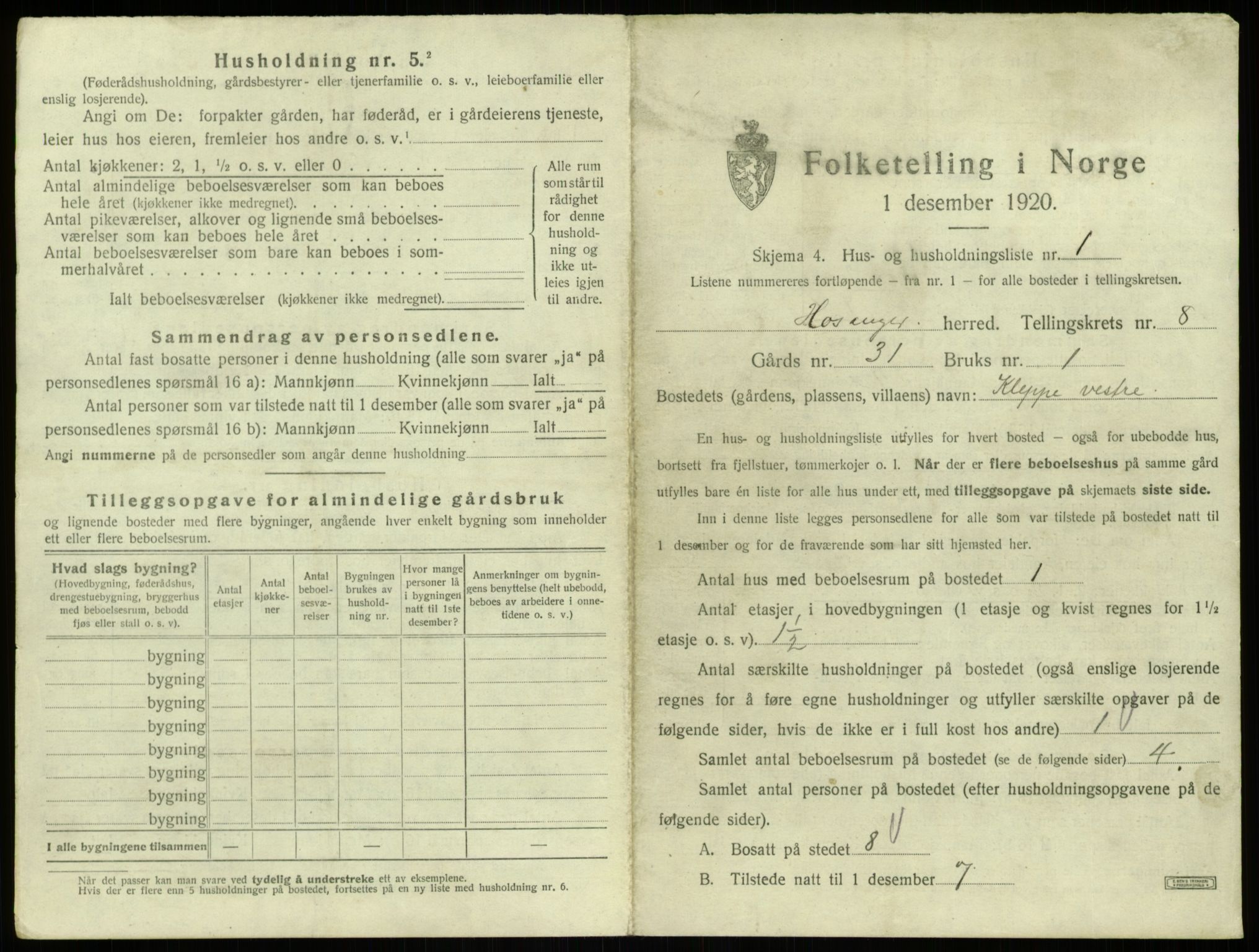 SAB, 1920 census for Hosanger, 1920, p. 426