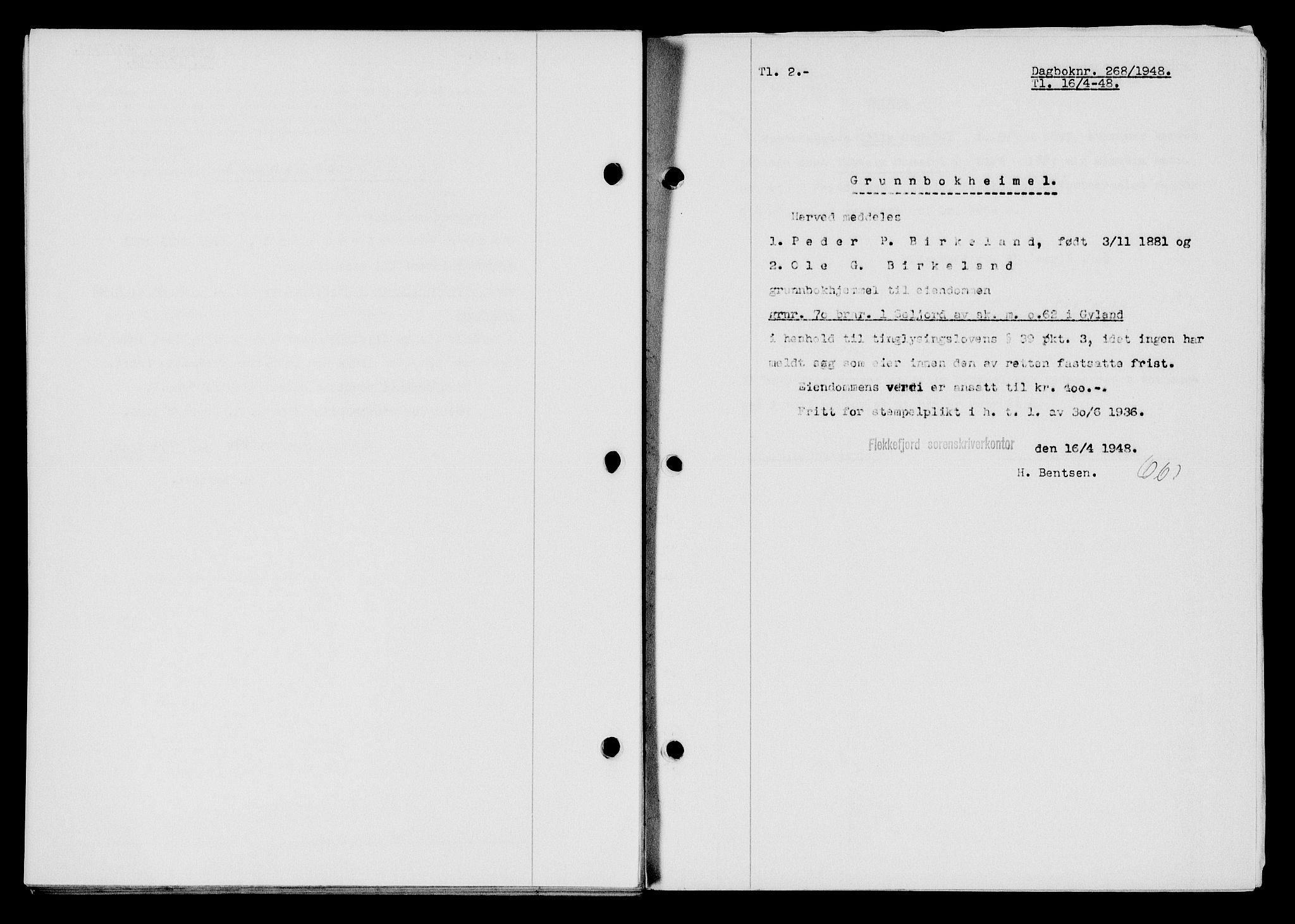 Flekkefjord sorenskriveri, SAK/1221-0001/G/Gb/Gba/L0063: Mortgage book no. A-11, 1947-1948, Diary no: : 268/1948