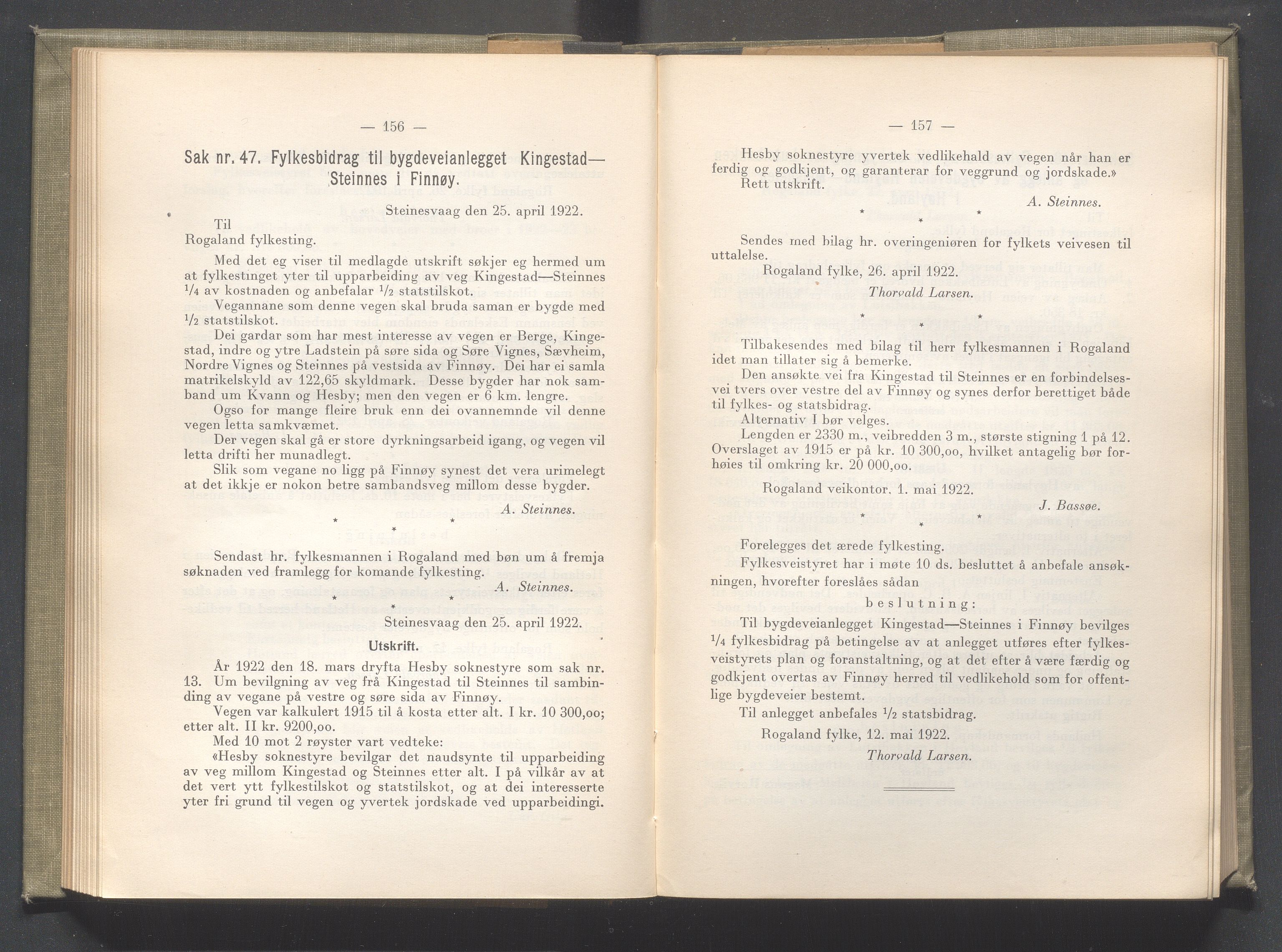 Rogaland fylkeskommune - Fylkesrådmannen , IKAR/A-900/A/Aa/Aaa/L0041: Møtebok , 1922, p. 156-157