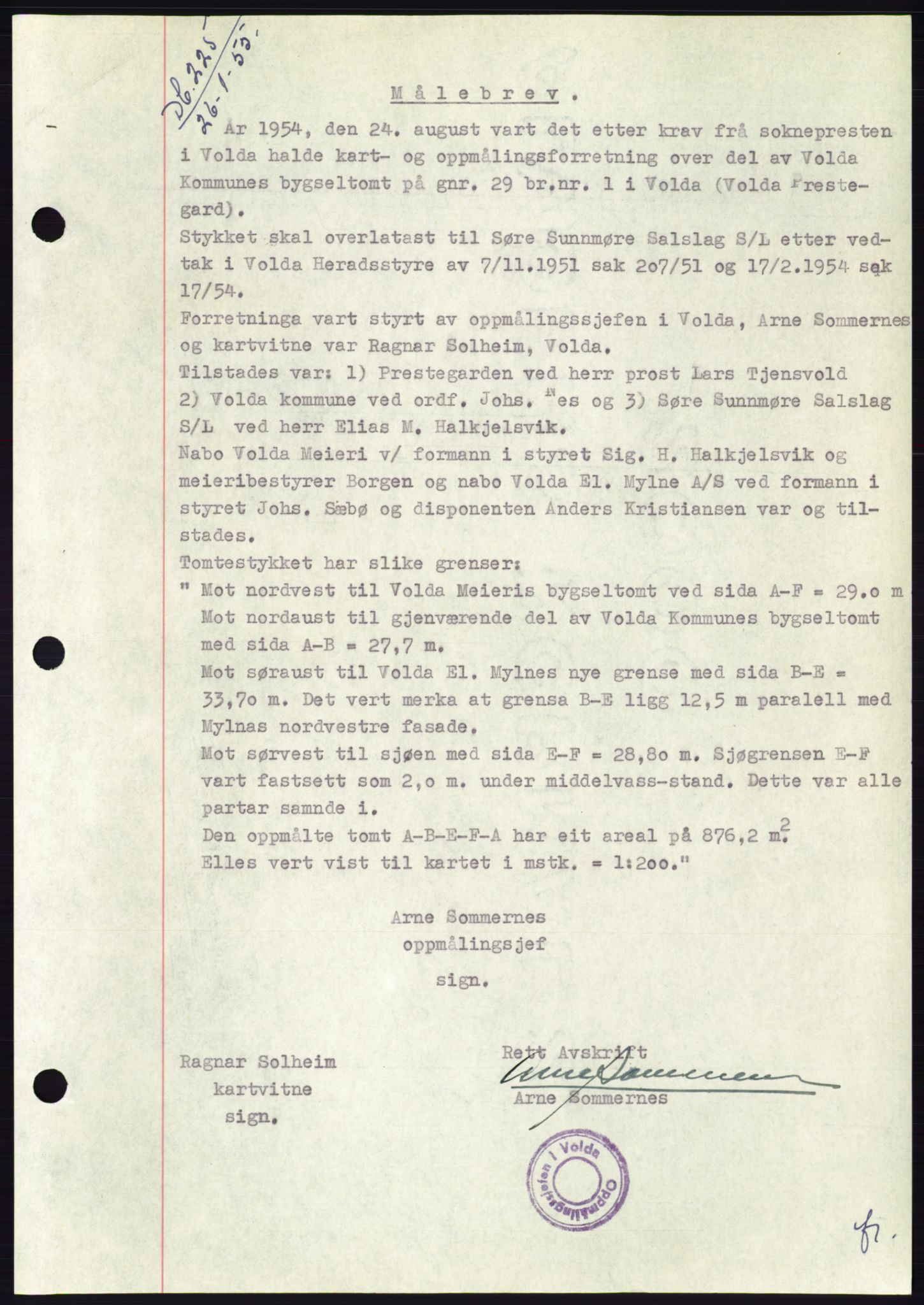 Søre Sunnmøre sorenskriveri, AV/SAT-A-4122/1/2/2C/L0100: Mortgage book no. 26A, 1954-1955, Diary no: : 225/1955