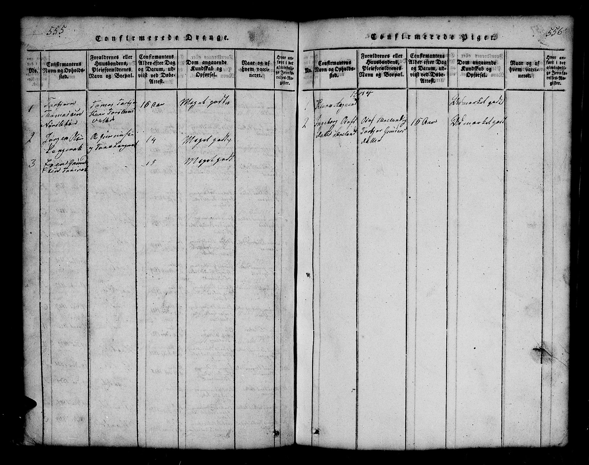 Bygland sokneprestkontor, AV/SAK-1111-0006/F/Fb/Fbb/L0001: Parish register (copy) no. B 1, 1816-1843, p. 555-556