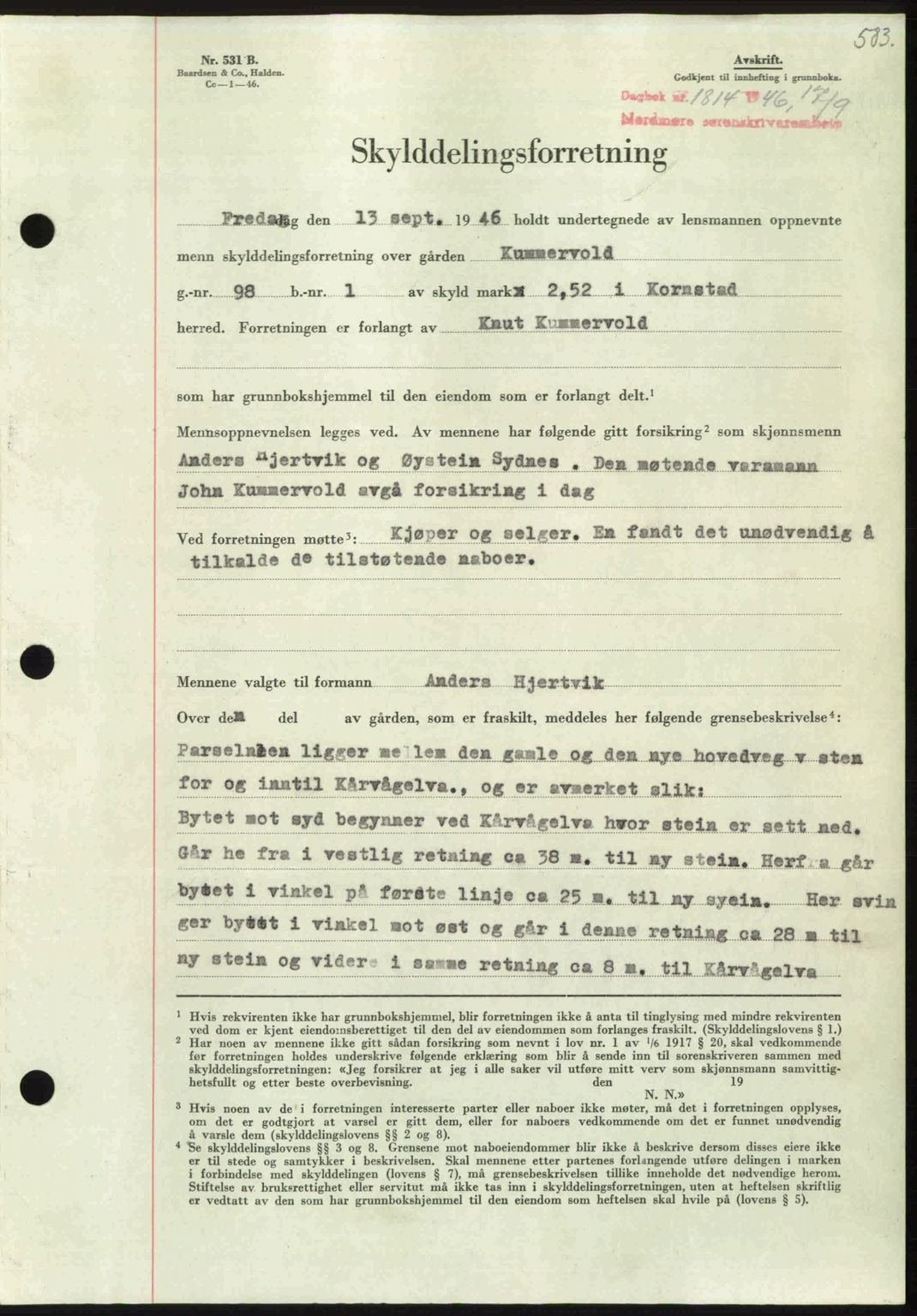 Nordmøre sorenskriveri, AV/SAT-A-4132/1/2/2Ca: Mortgage book no. A102, 1946-1946, Diary no: : 1814/1946