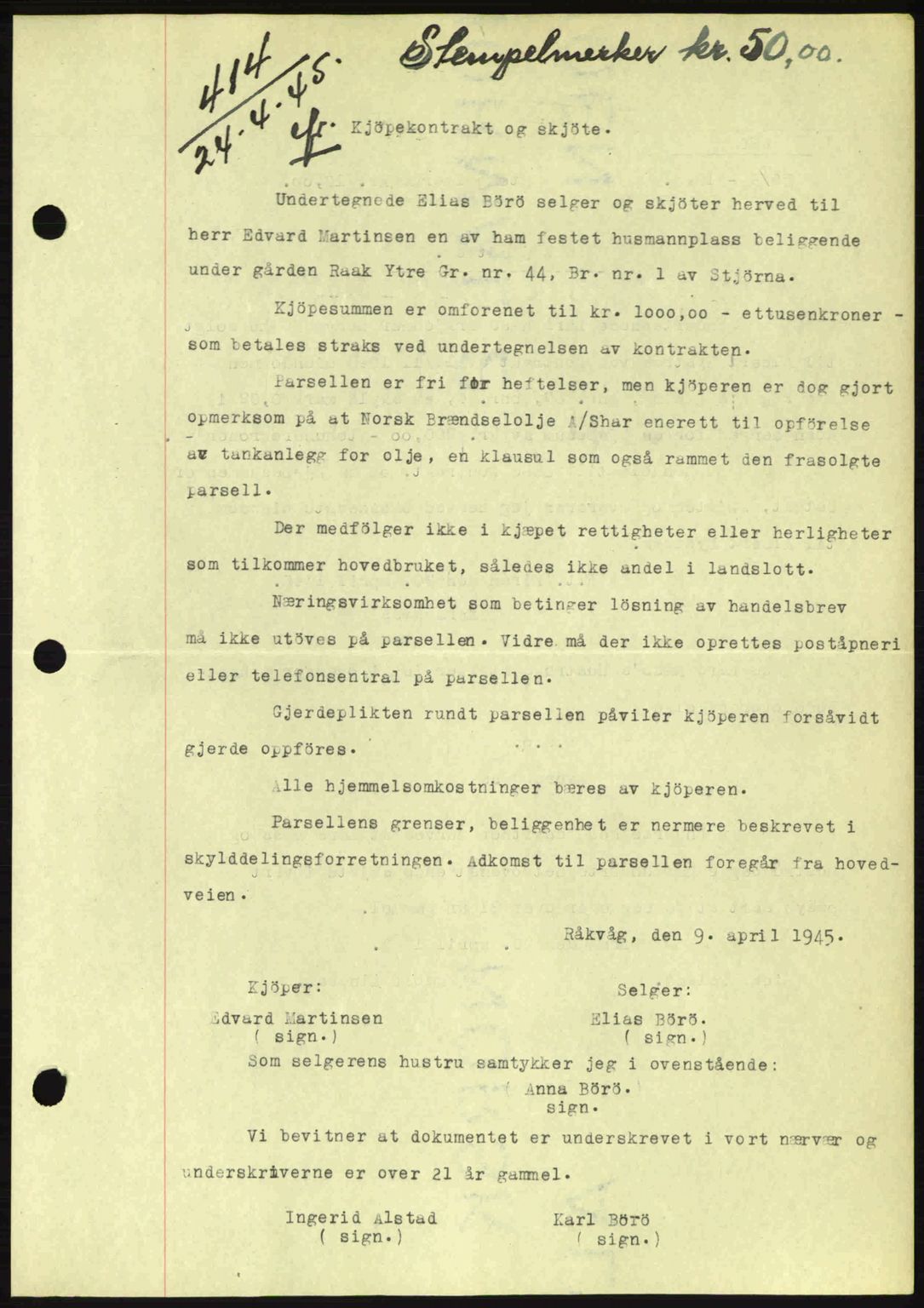 Fosen sorenskriveri, AV/SAT-A-1107/1/2/2C: Mortgage book no. A3, 1943-1945, Diary no: : 414/1945