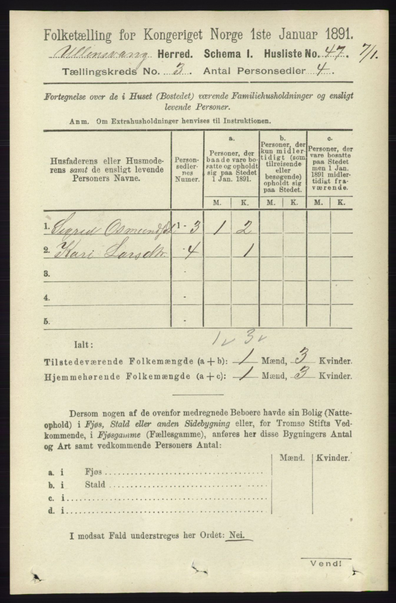 RA, 1891 census for 1230 Ullensvang, 1891, p. 583