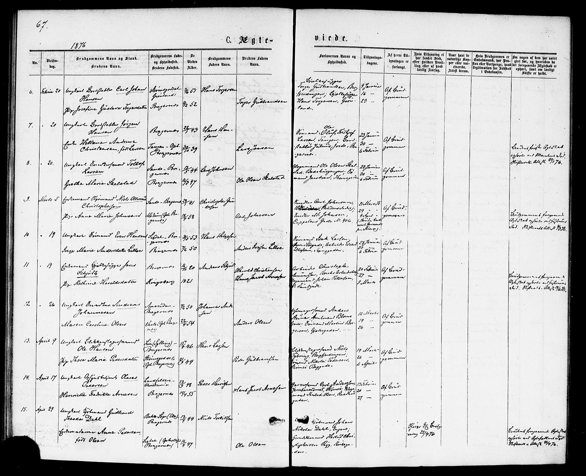 Bragernes kirkebøker, SAKO/A-6/F/Fc/L0004: Parish register (official) no. III 4, 1875-1877, p. 67