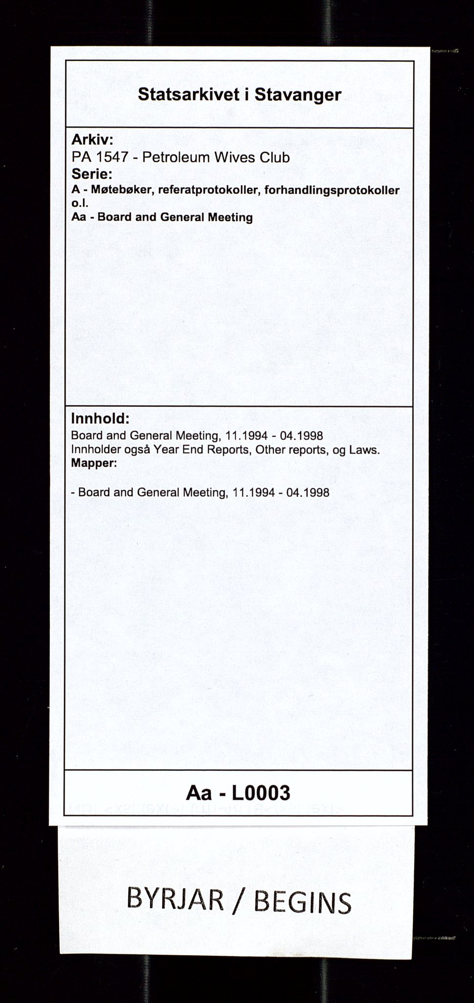 PA 1547 - Petroleum Wives Club, AV/SAST-A-101974/A/Aa/L0003: Board and General Meeting, 1994-1998