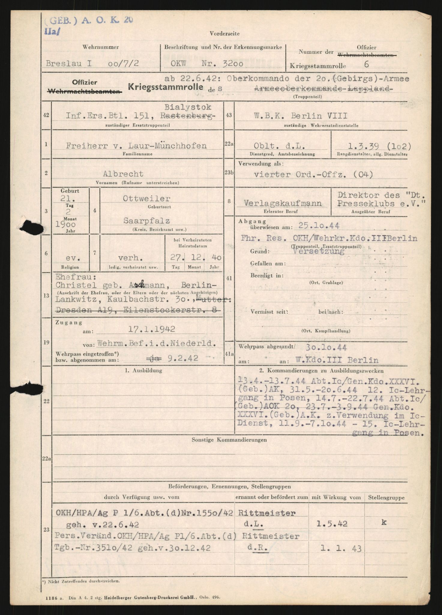 Forsvarets Overkommando. 2 kontor. Arkiv 11.4. Spredte tyske arkivsaker, AV/RA-RAFA-7031/D/Dar/Dara/L0018: Personalbøker, 1940-1945, p. 1047