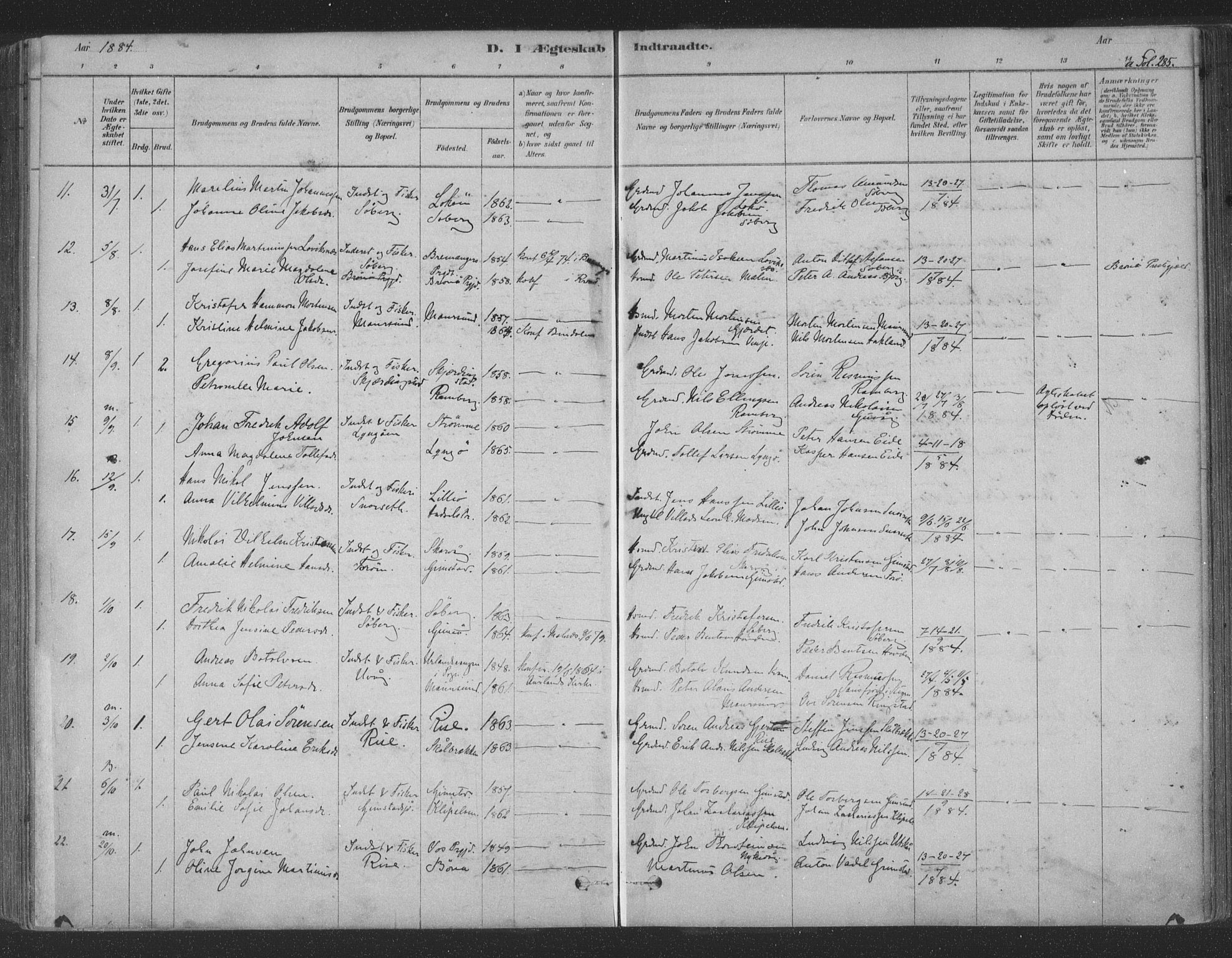 Ministerialprotokoller, klokkerbøker og fødselsregistre - Nordland, AV/SAT-A-1459/891/L1302: Parish register (official) no. 891A07, 1878-1895, p. 285