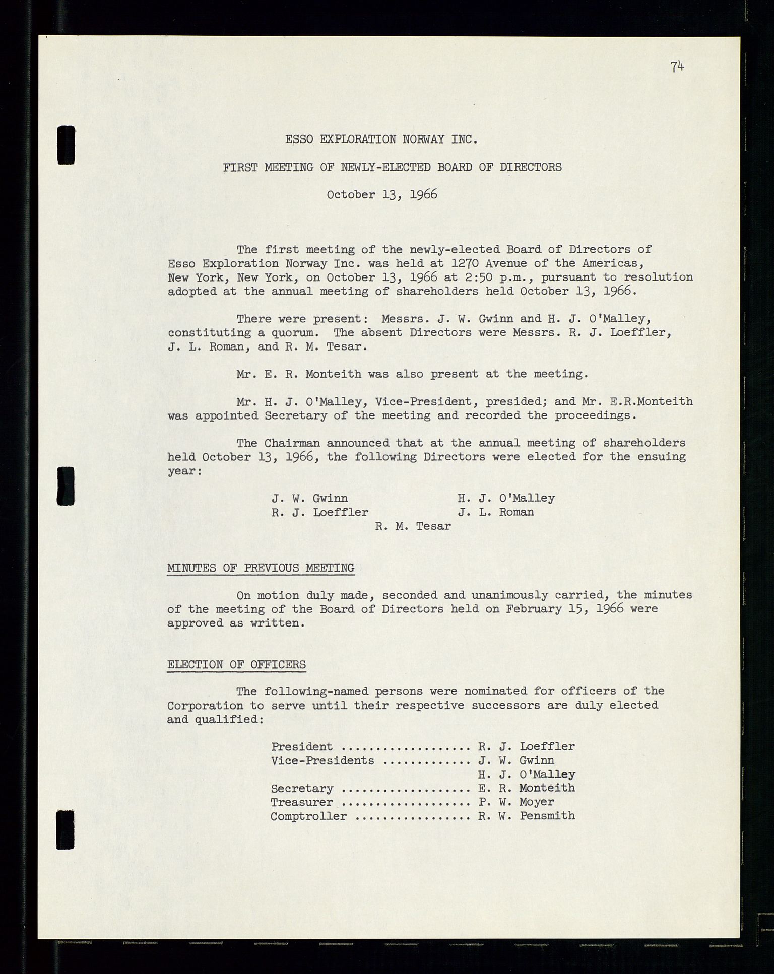Pa 1512 - Esso Exploration and Production Norway Inc., SAST/A-101917/A/Aa/L0001/0001: Styredokumenter / Corporate records, By-Laws, Board meeting minutes, Incorporations, 1965-1975, p. 74