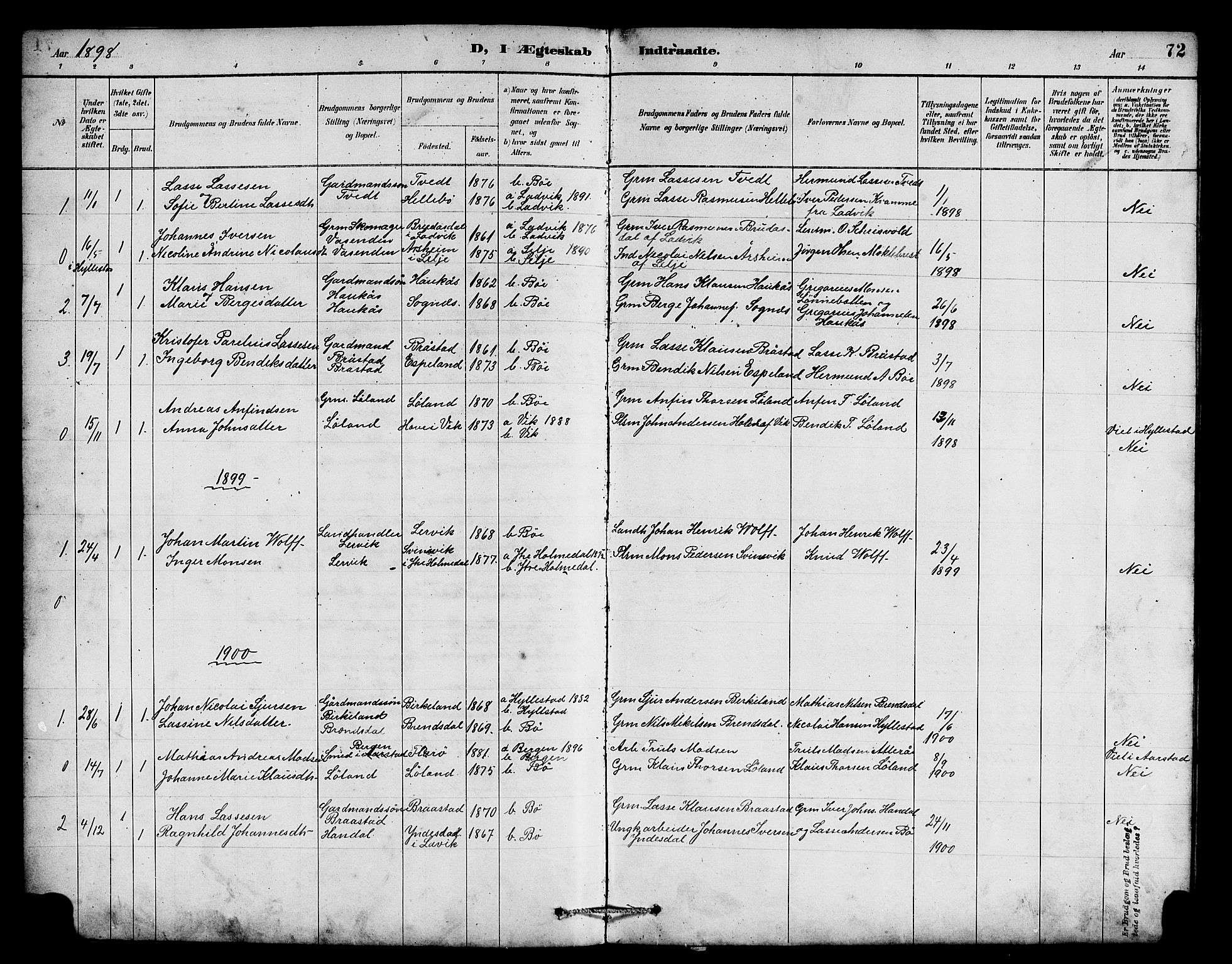 Hyllestad sokneprestembete, SAB/A-80401: Parish register (copy) no. B 2, 1889-1915, p. 72