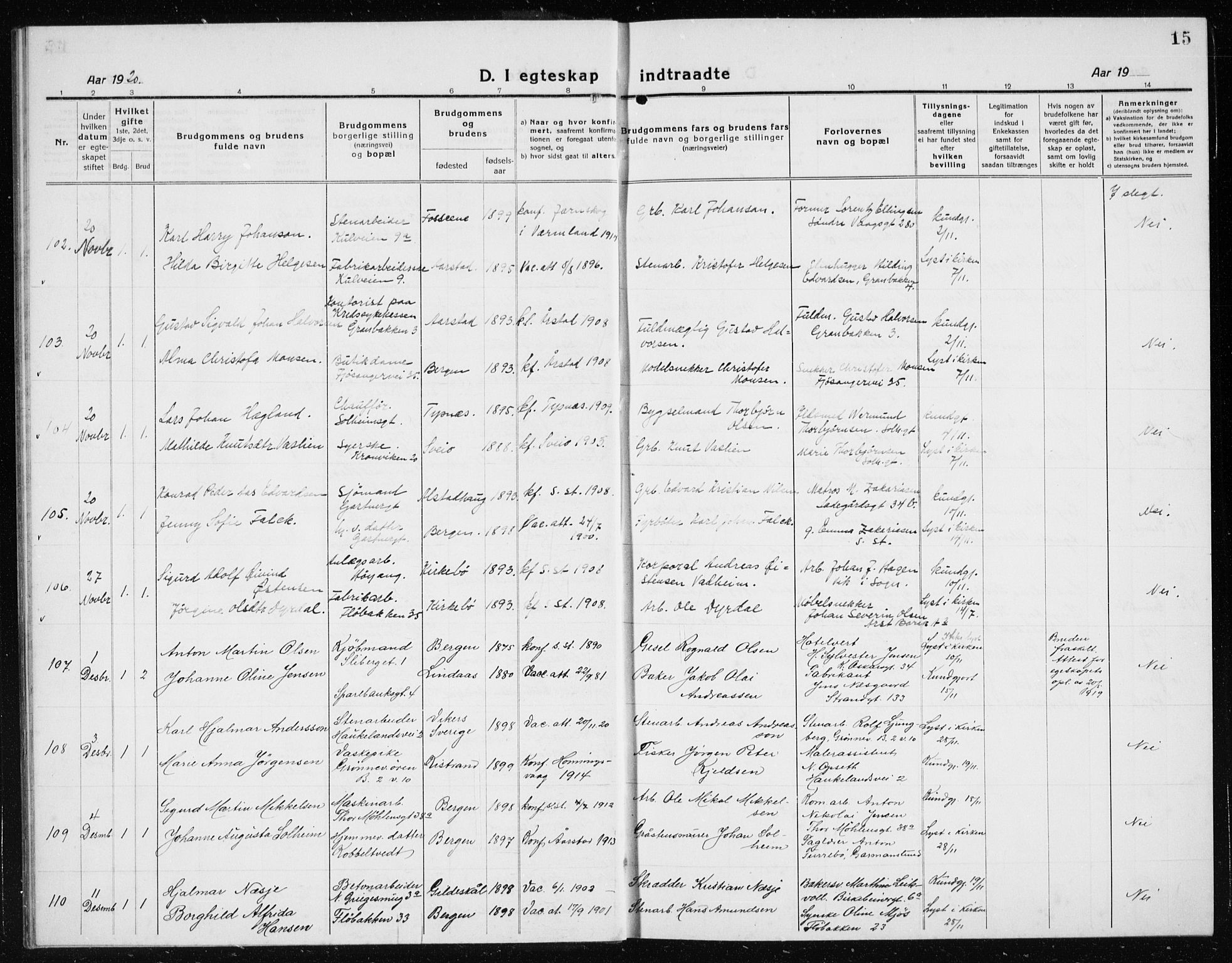 Årstad Sokneprestembete, AV/SAB-A-79301/H/Hab/L0020: Parish register (copy) no. C  2, 1920-1935, p. 15