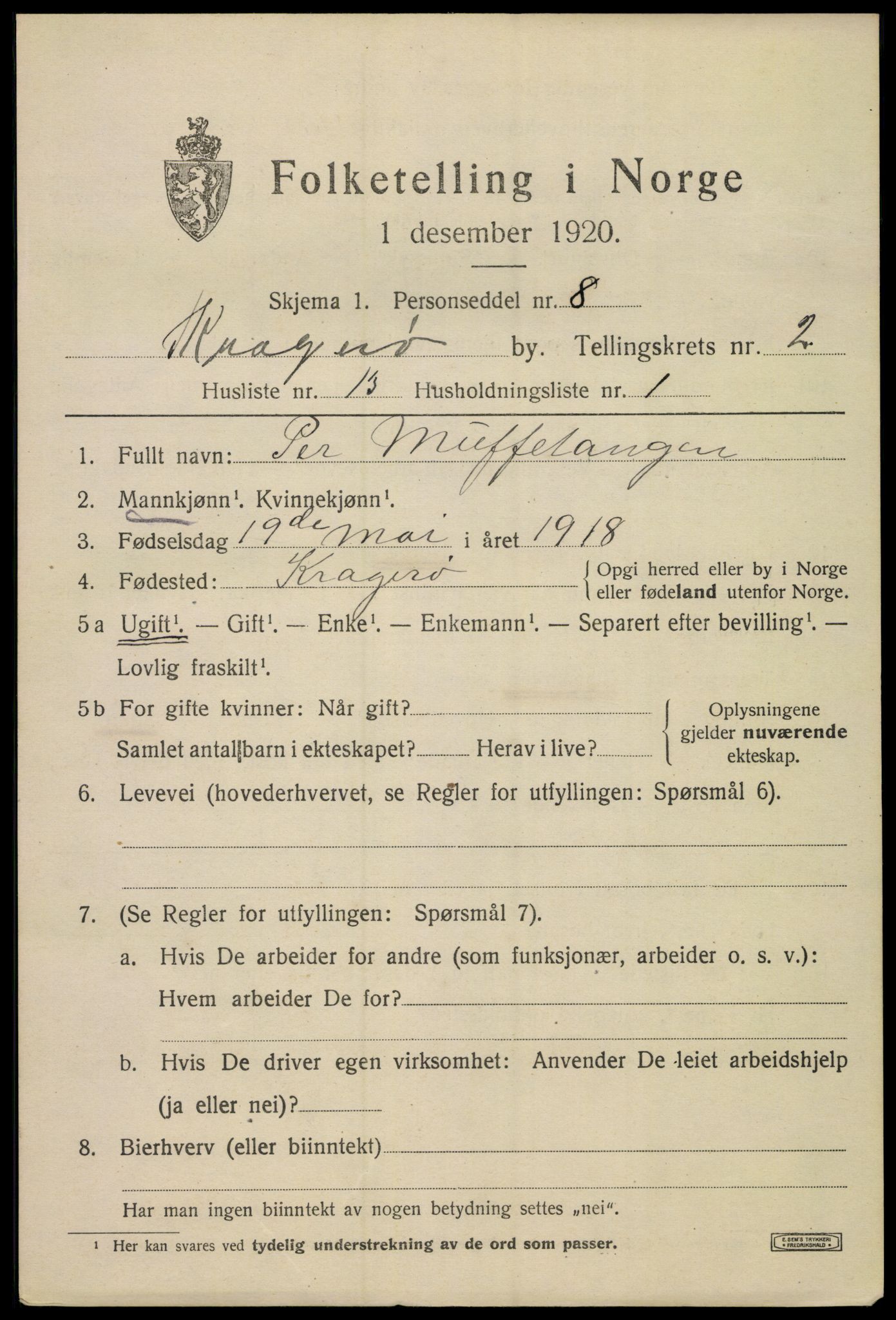 SAKO, 1920 census for Kragerø, 1920, p. 5463