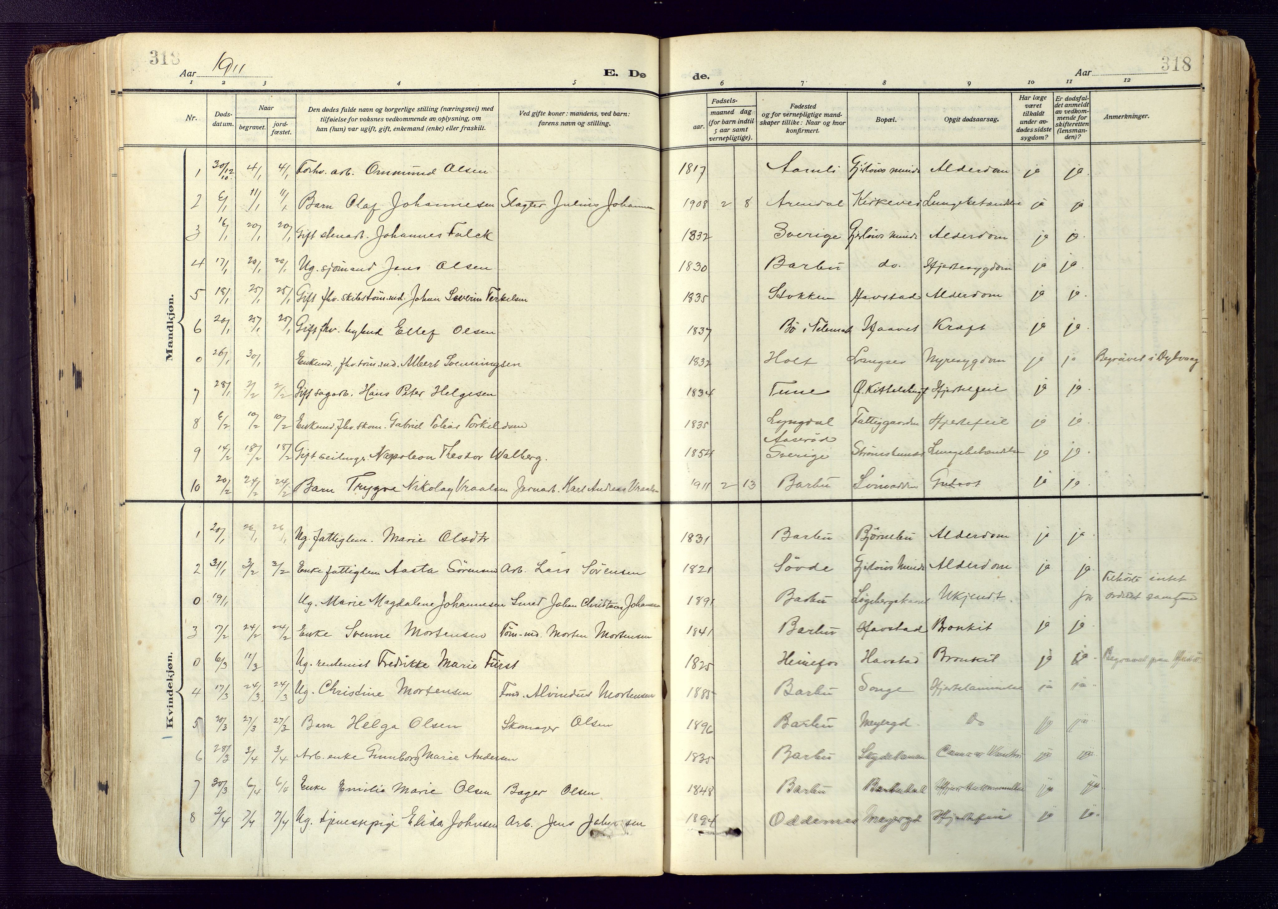 Barbu sokneprestkontor, SAK/1111-0003/F/Fa/L0006: Parish register (official) no. A 6, 1910-1929, p. 318