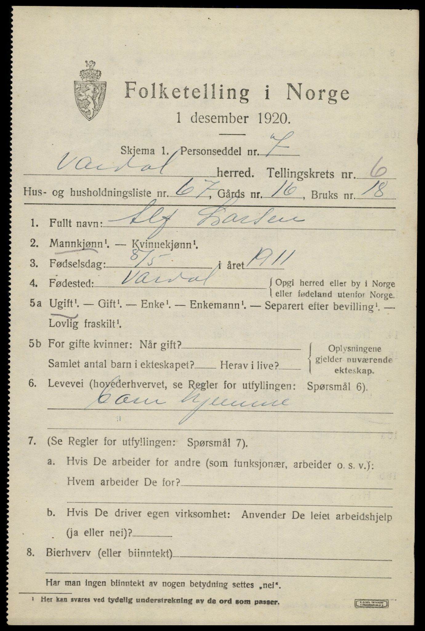 SAH, 1920 census for Vardal, 1920, p. 4649