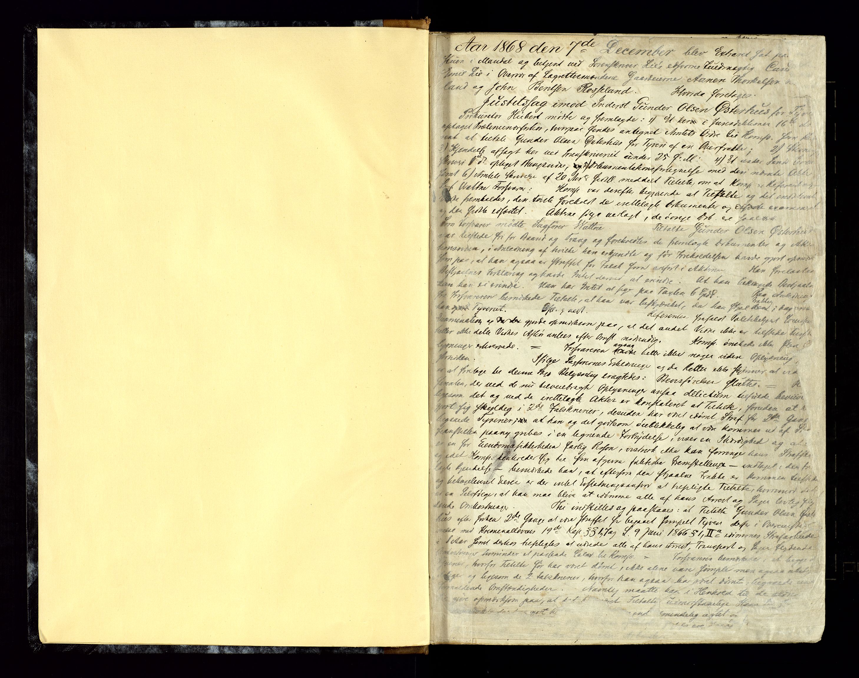 Mandal sorenskriveri, SAK/1221-0005/001/F/Fb/L0022: Ekstrarettsprotokoll nr 20, 1868-1880, p. 1