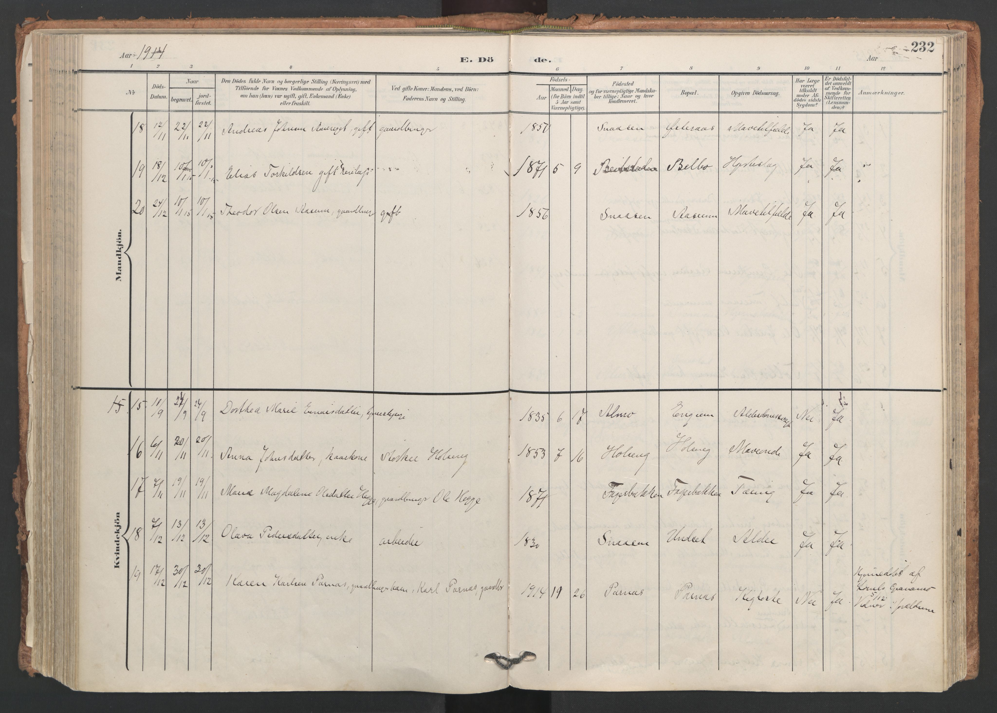 Ministerialprotokoller, klokkerbøker og fødselsregistre - Nord-Trøndelag, AV/SAT-A-1458/749/L0477: Parish register (official) no. 749A11, 1902-1927, p. 232