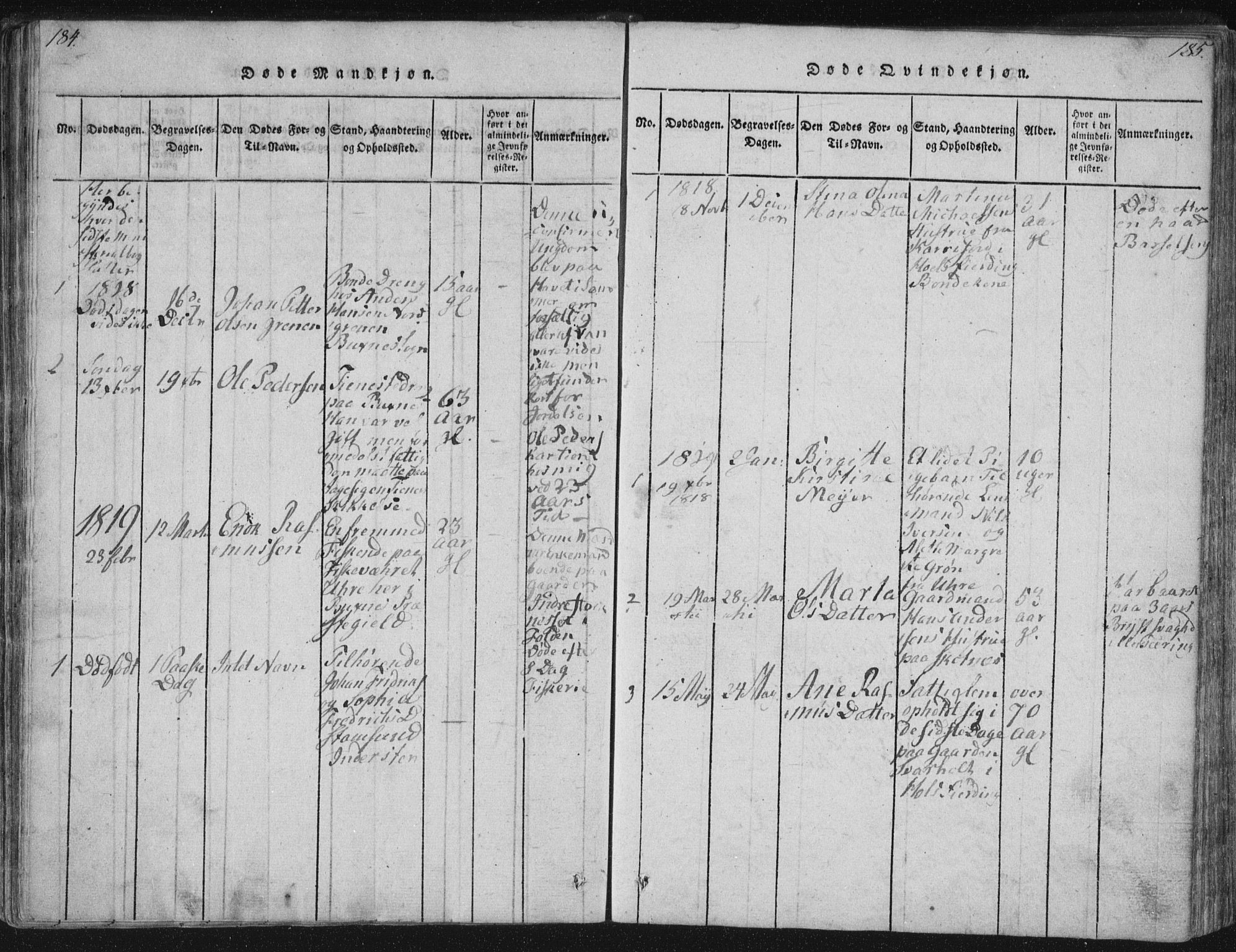 Ministerialprotokoller, klokkerbøker og fødselsregistre - Nordland, SAT/A-1459/881/L1164: Parish register (copy) no. 881C01, 1818-1853, p. 184-185