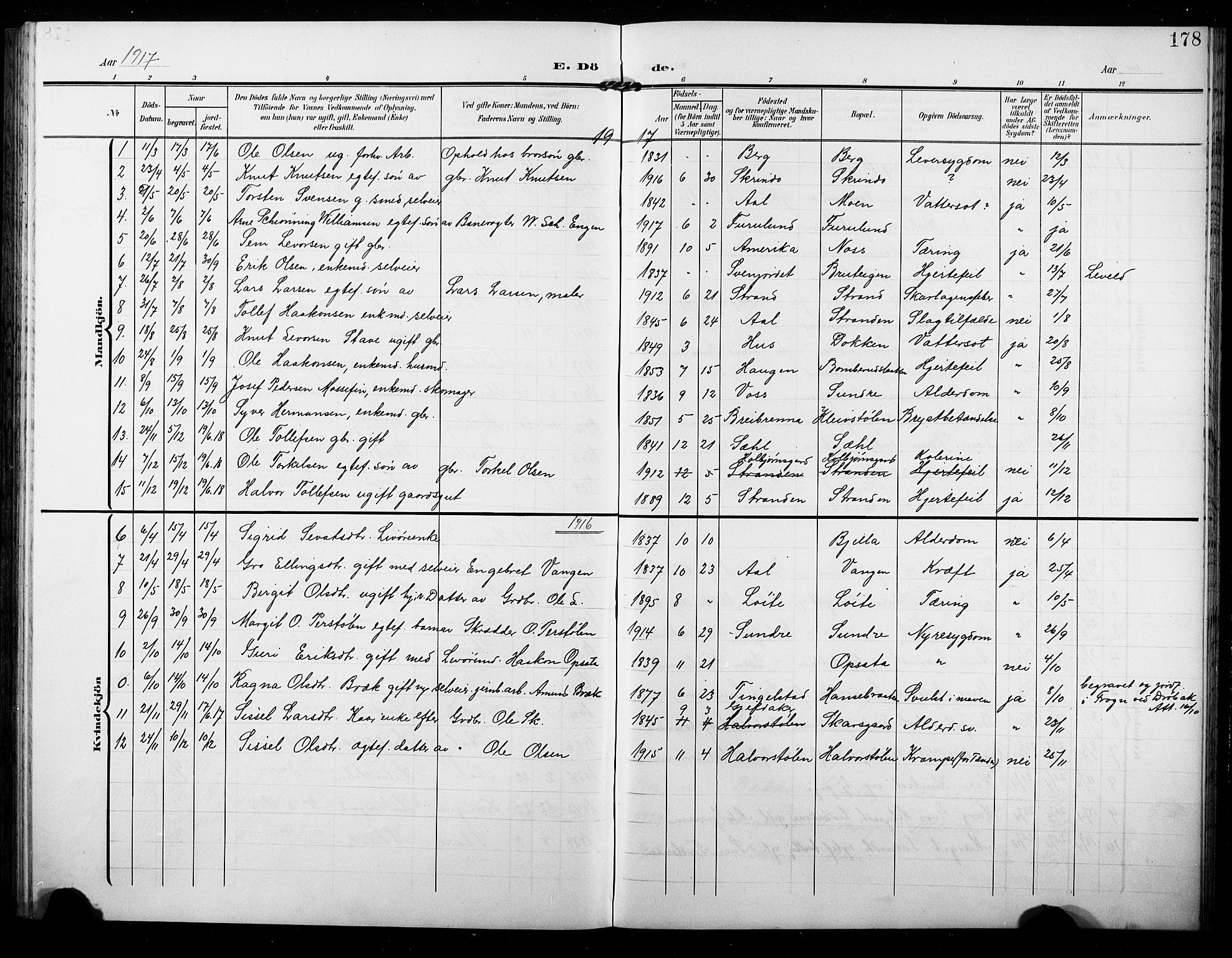 Ål kirkebøker, AV/SAKO-A-249/G/Ga/L0002: Parish register (copy) no. 2, 1904-1928, p. 178