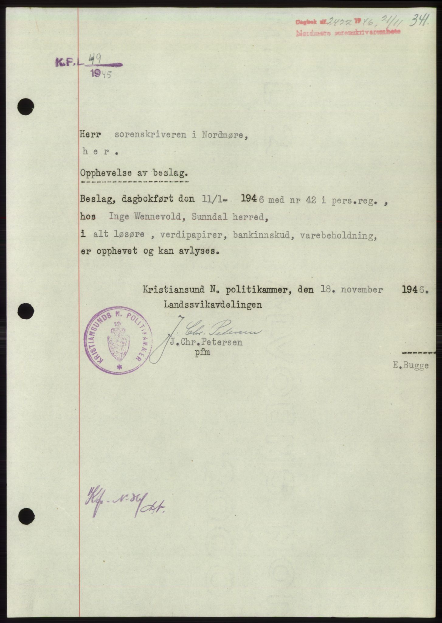 Nordmøre sorenskriveri, AV/SAT-A-4132/1/2/2Ca: Mortgage book no. B95, 1946-1947, Diary no: : 2422/1946