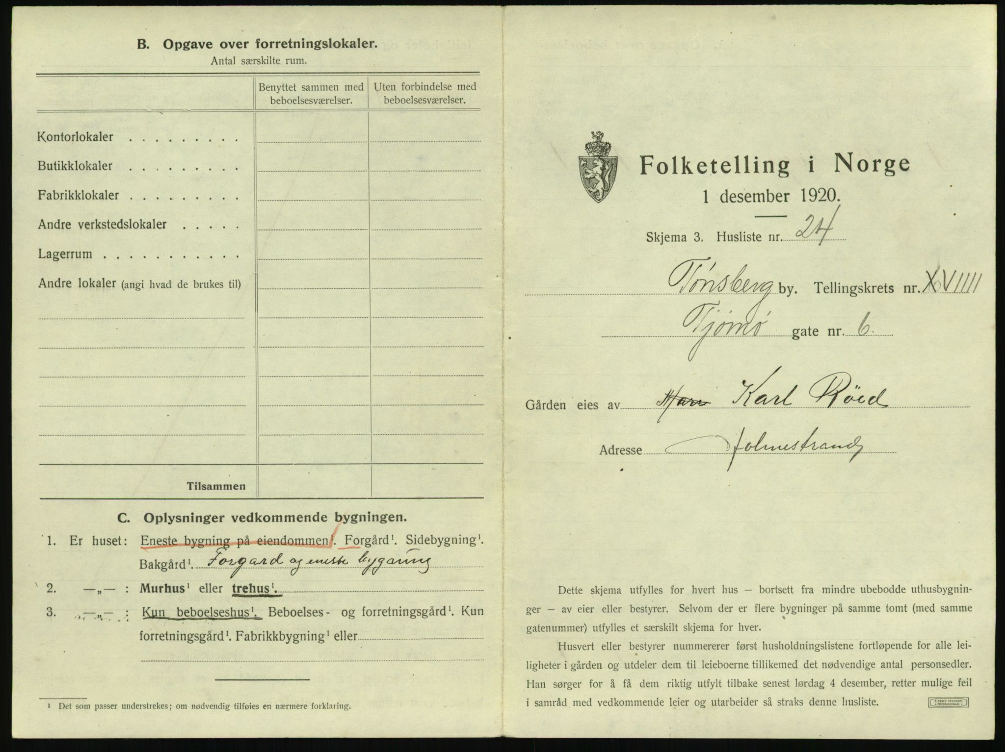 SAKO, 1920 census for Tønsberg, 1920, p. 2033