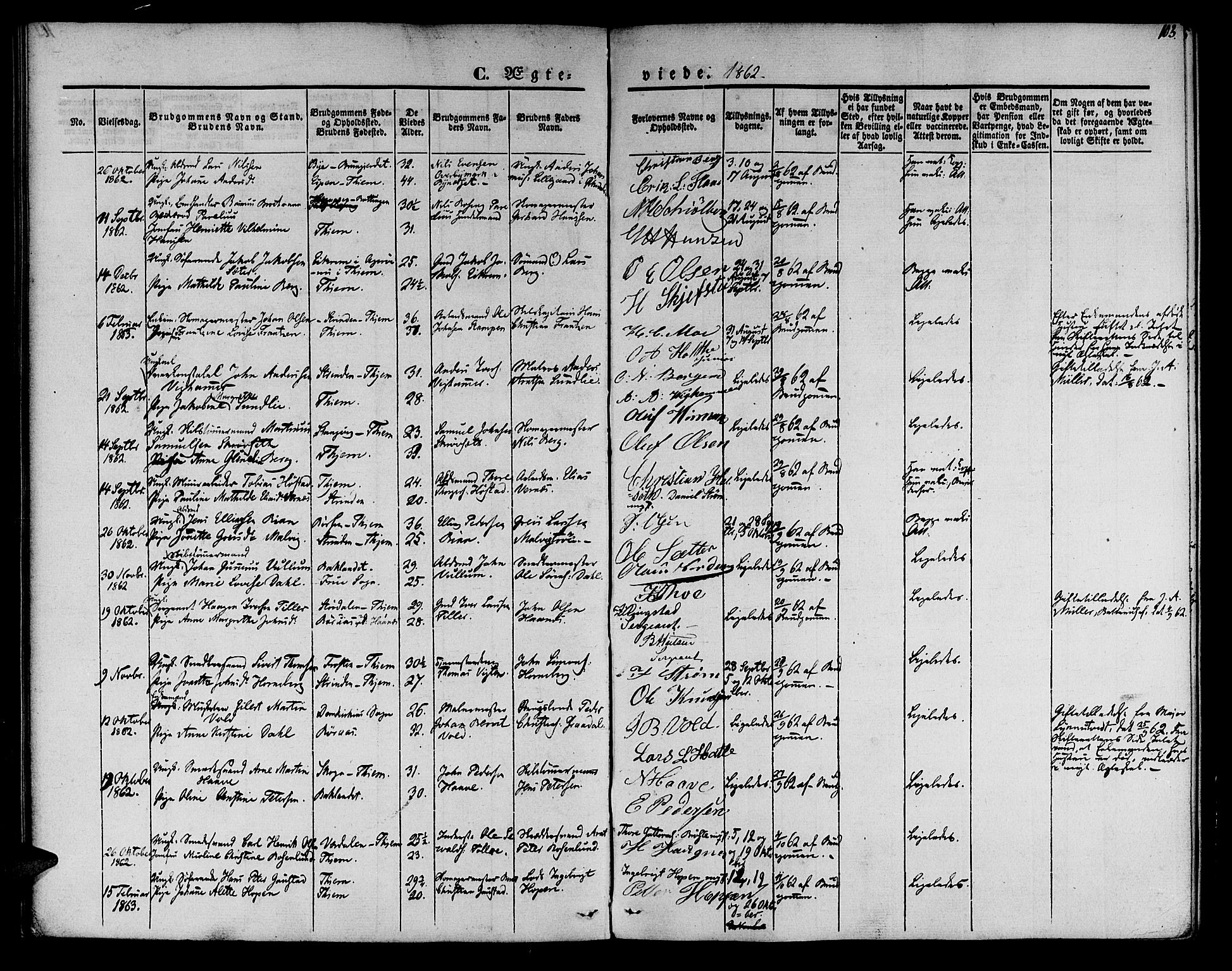 Ministerialprotokoller, klokkerbøker og fødselsregistre - Sør-Trøndelag, SAT/A-1456/602/L0111: Parish register (official) no. 602A09, 1844-1867, p. 103