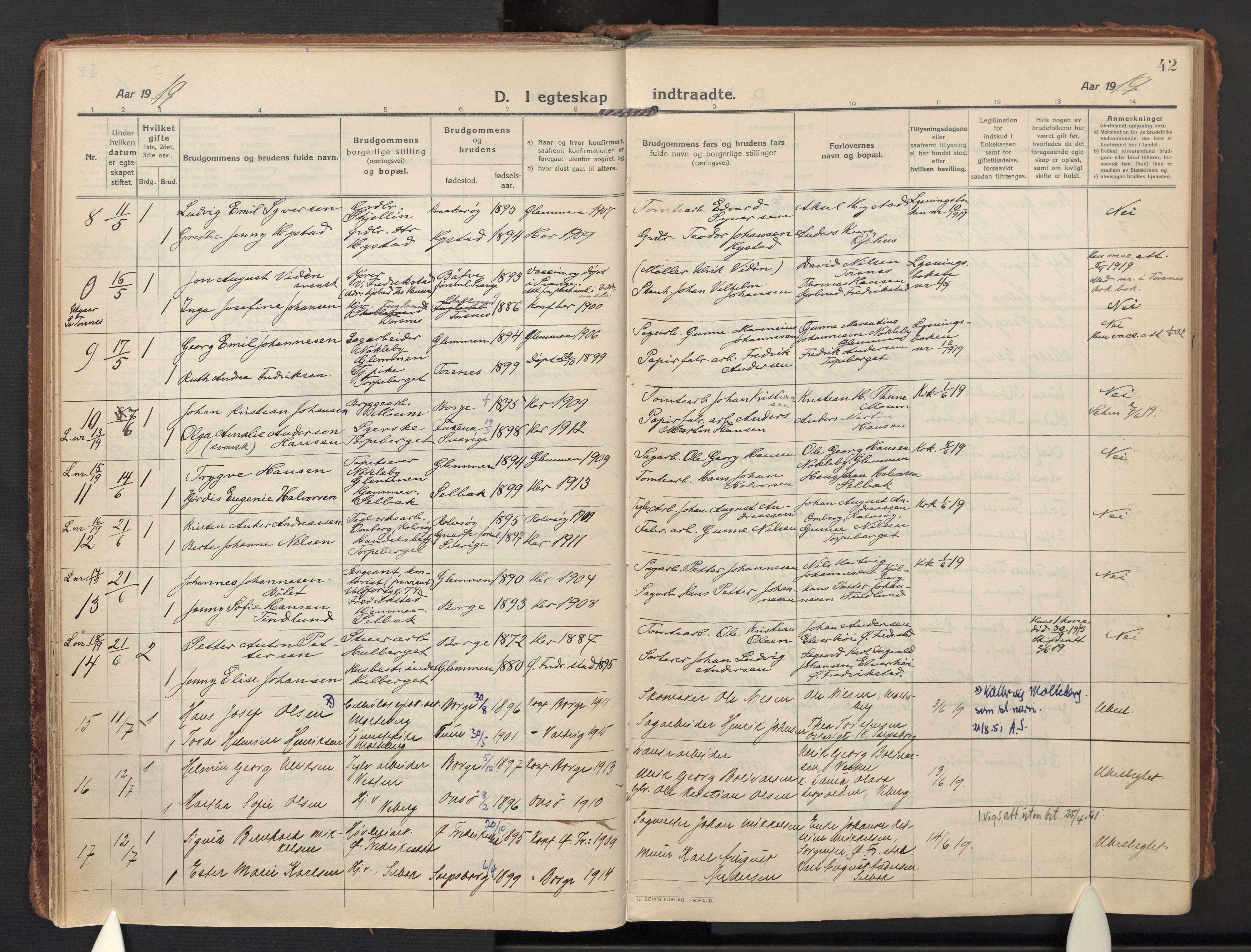Borge prestekontor Kirkebøker, SAO/A-10903/F/Fa/L0012: Parish register (official) no. I 12, 1912-1955, p. 42