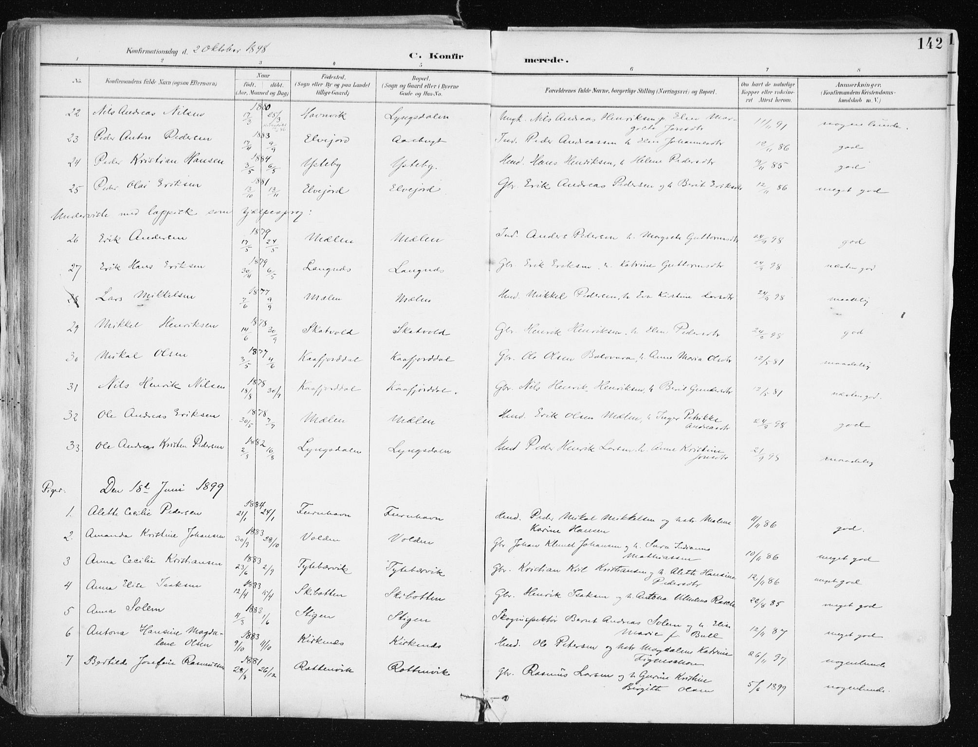 Lyngen sokneprestembete, AV/SATØ-S-1289/H/He/Hea/L0008kirke: Parish register (official) no. 8, 1891-1902, p. 142