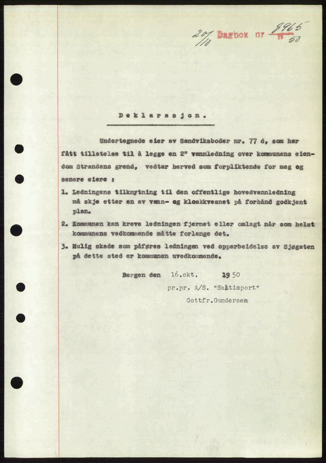Byfogd og Byskriver i Bergen, SAB/A-3401/03/03Bc/L0034: Mortgage book no. A27-28, 1950-1950, Diary no: : 8965/1950