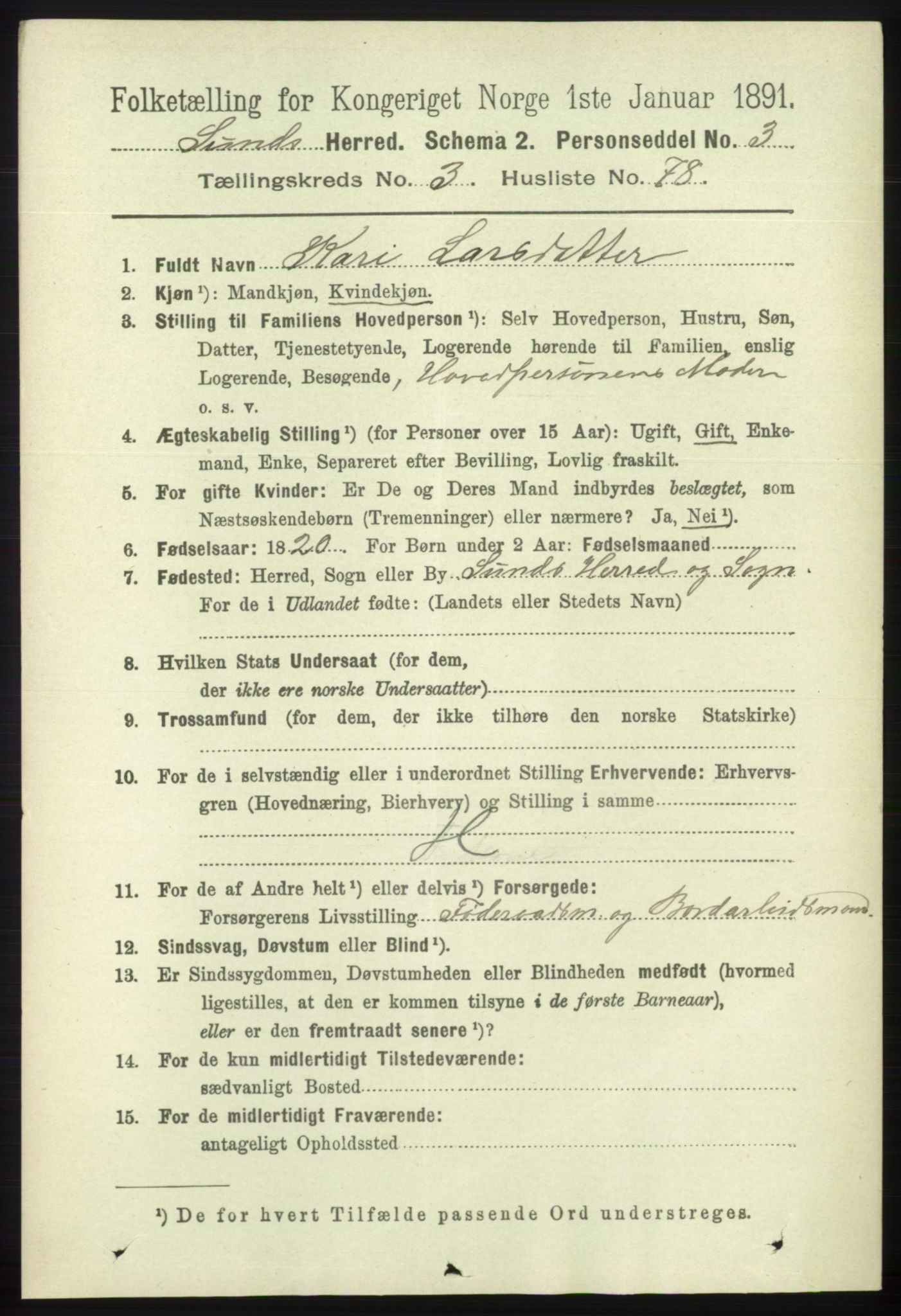 RA, 1891 census for 1245 Sund, 1891, p. 1772