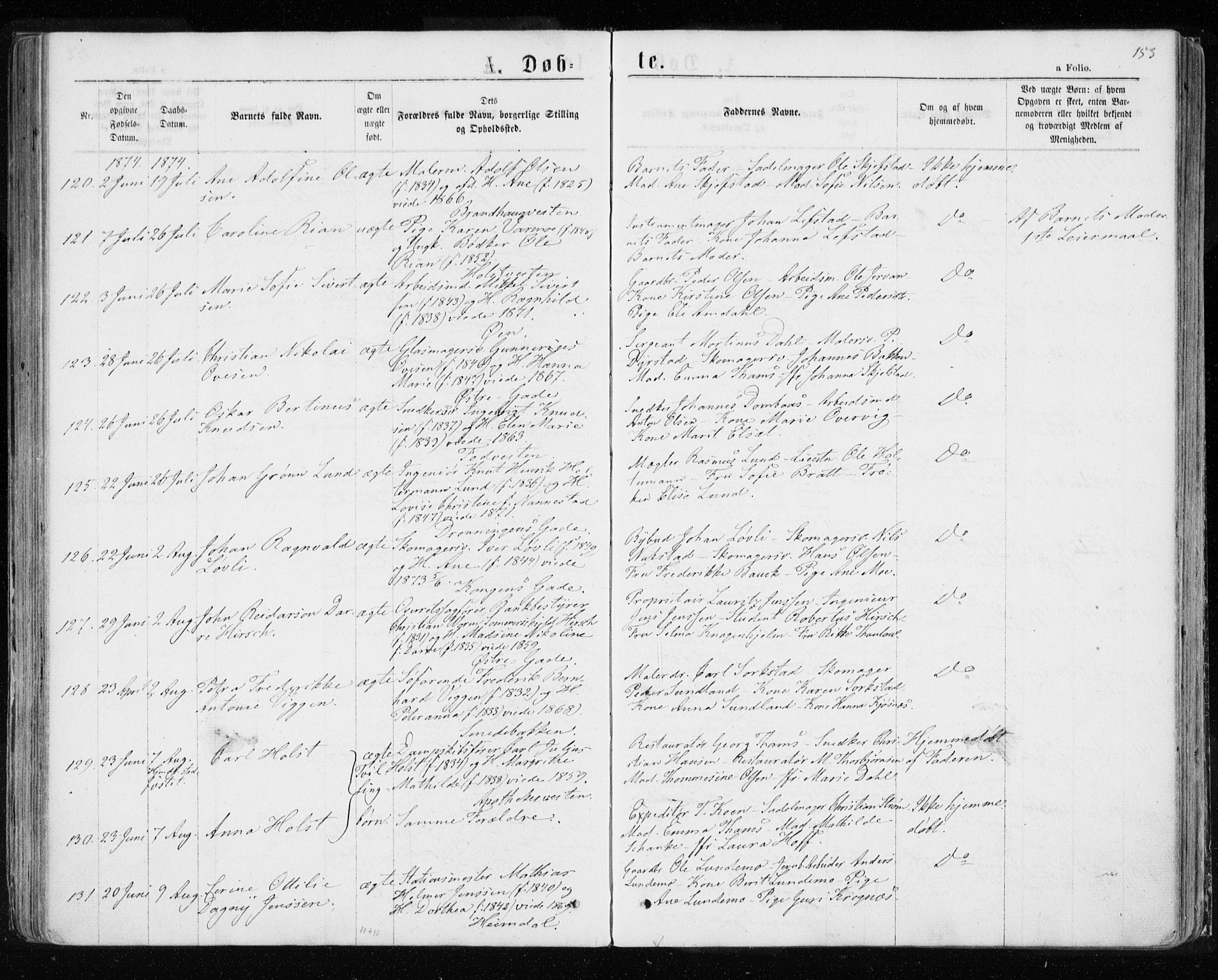 Ministerialprotokoller, klokkerbøker og fødselsregistre - Sør-Trøndelag, SAT/A-1456/601/L0054: Parish register (official) no. 601A22, 1866-1877, p. 153