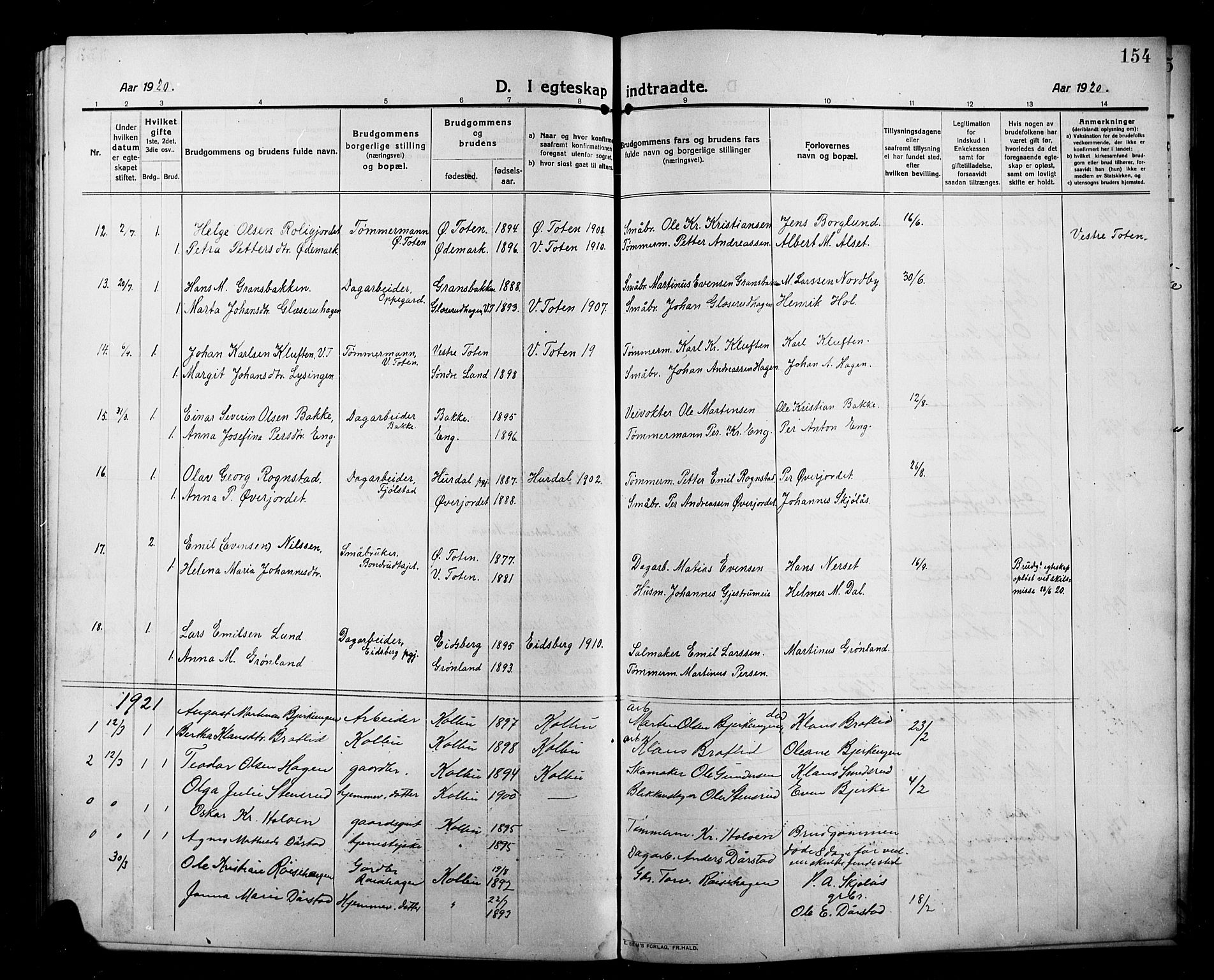 Kolbu prestekontor, SAH/PREST-110/H/Ha/Hab/L0001: Parish register (copy) no. 1, 1912-1925, p. 154