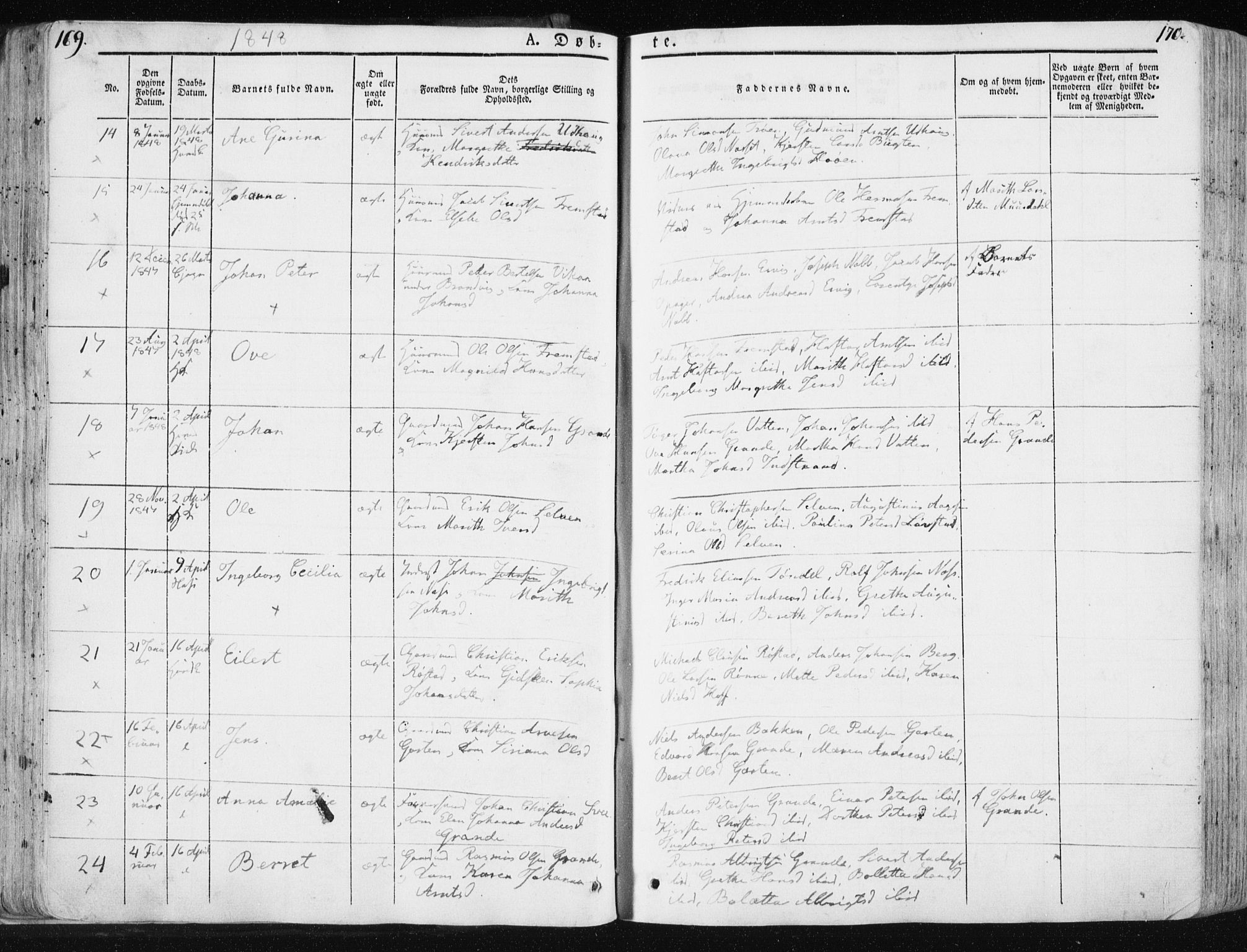 Ministerialprotokoller, klokkerbøker og fødselsregistre - Sør-Trøndelag, AV/SAT-A-1456/659/L0736: Parish register (official) no. 659A06, 1842-1856, p. 169-170