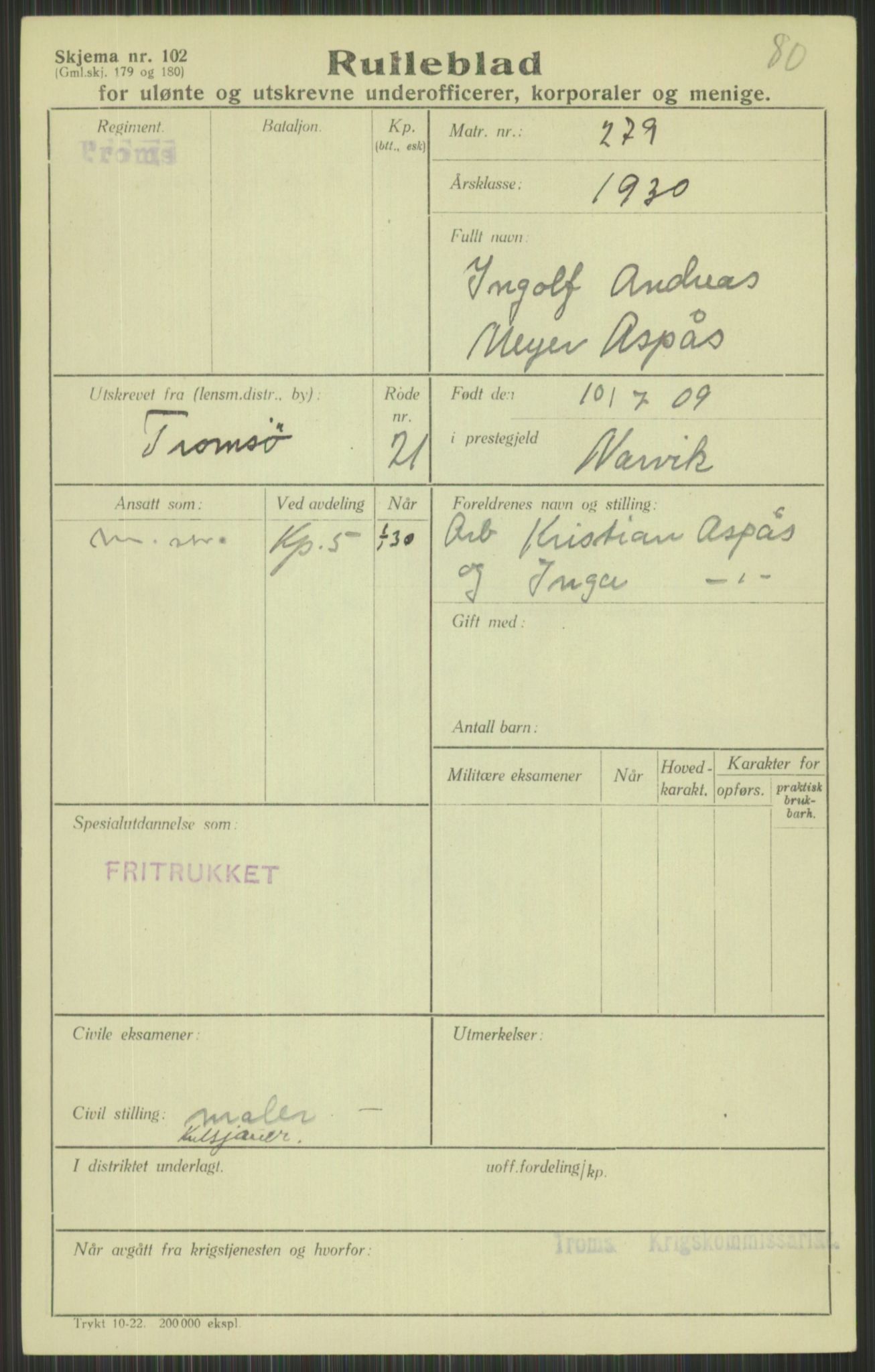 Forsvaret, Troms infanteriregiment nr. 16, AV/RA-RAFA-3146/P/Pa/L0014: Rulleblad for regimentets menige mannskaper, årsklasse 1930, 1930, p. 49