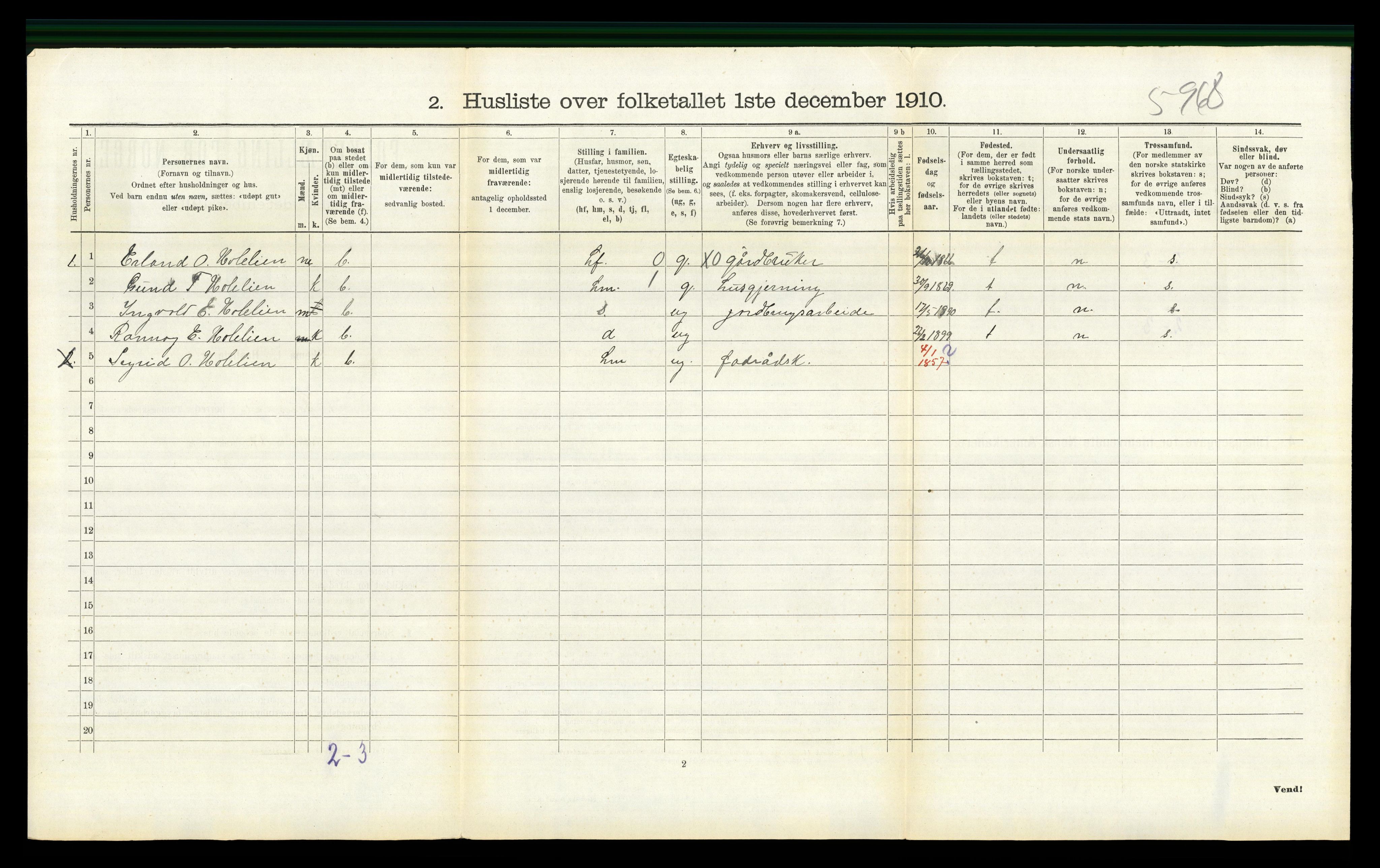 RA, 1910 census for Vestre Gausdal, 1910, p. 746