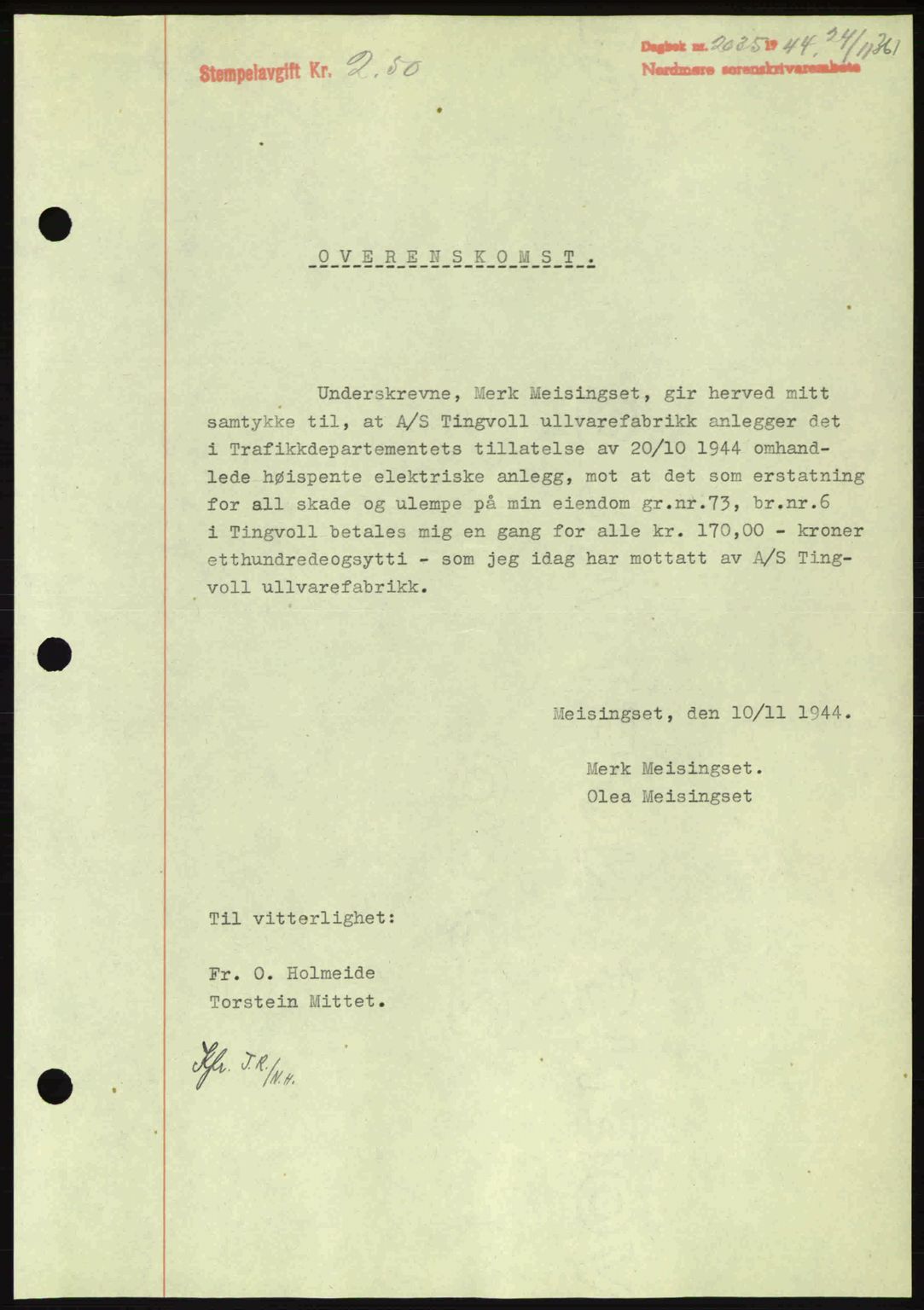 Nordmøre sorenskriveri, AV/SAT-A-4132/1/2/2Ca: Mortgage book no. B92, 1944-1945, Diary no: : 2035/1944