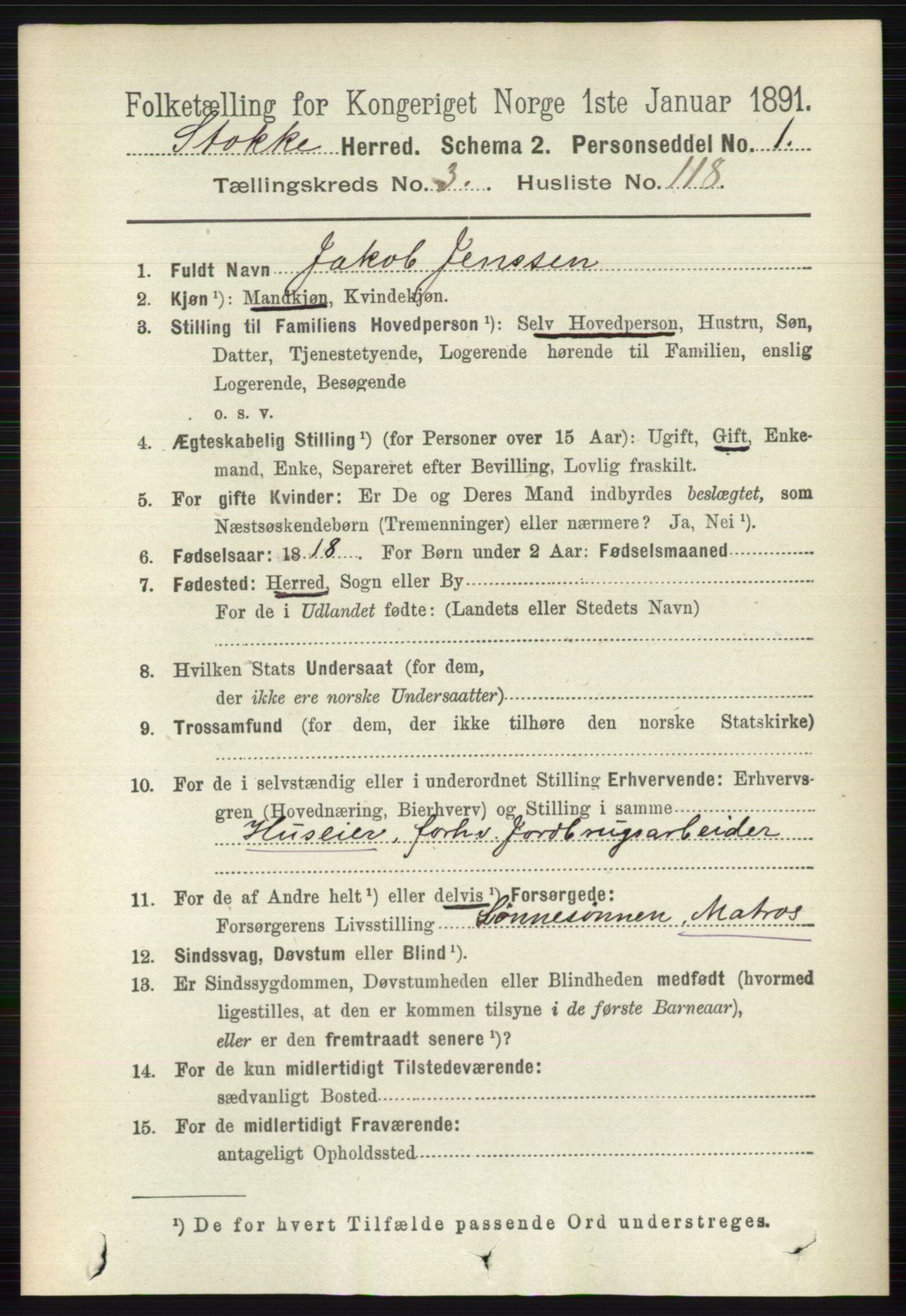 RA, 1891 census for 0720 Stokke, 1891, p. 2316