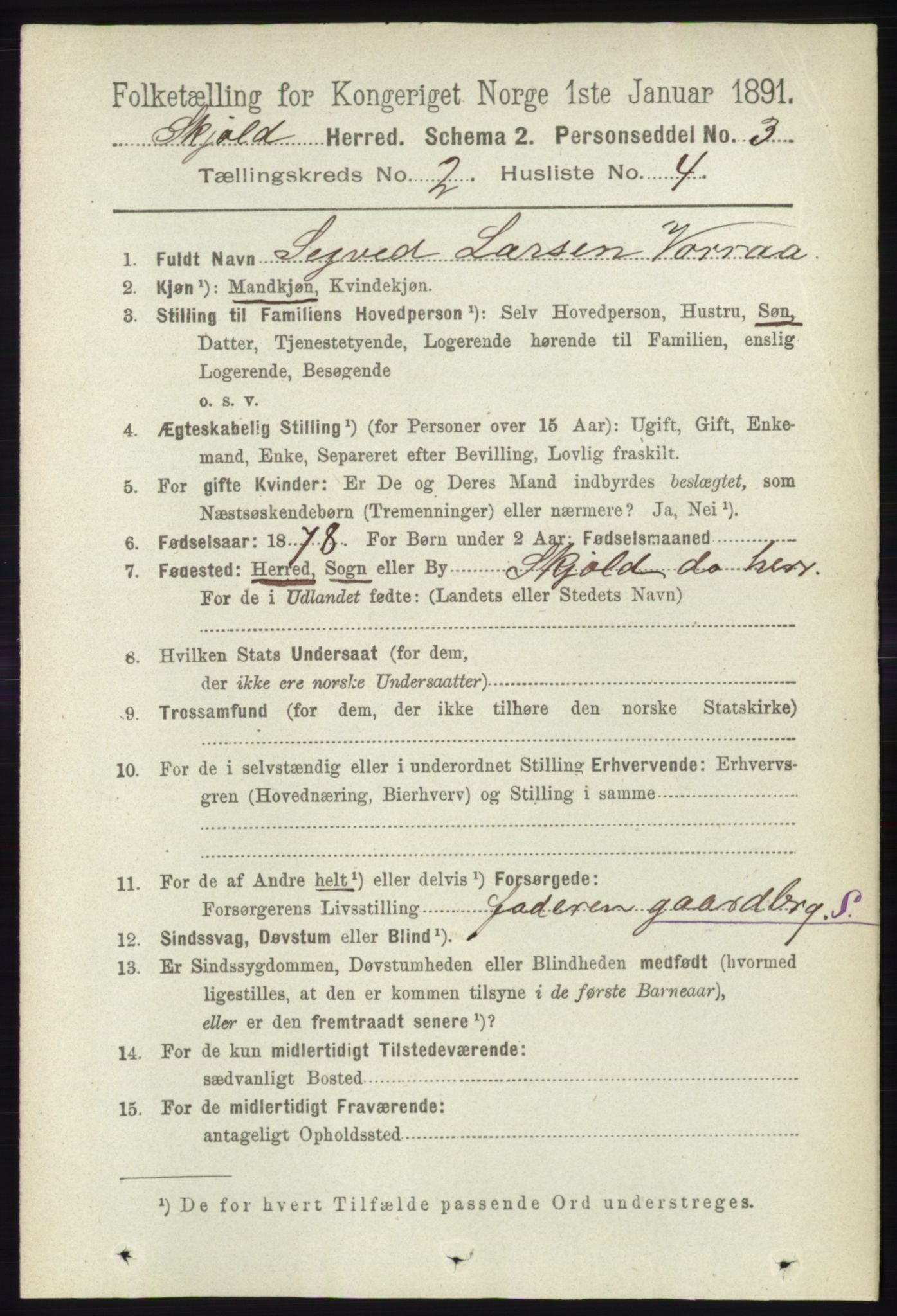 RA, 1891 census for 1154 Skjold, 1891, p. 301