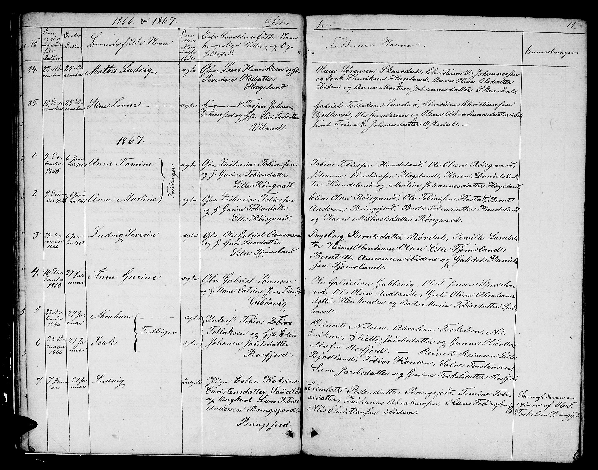 Lyngdal sokneprestkontor, SAK/1111-0029/F/Fb/Fbc/L0003: Parish register (copy) no. B 3, 1865-1878, p. 19