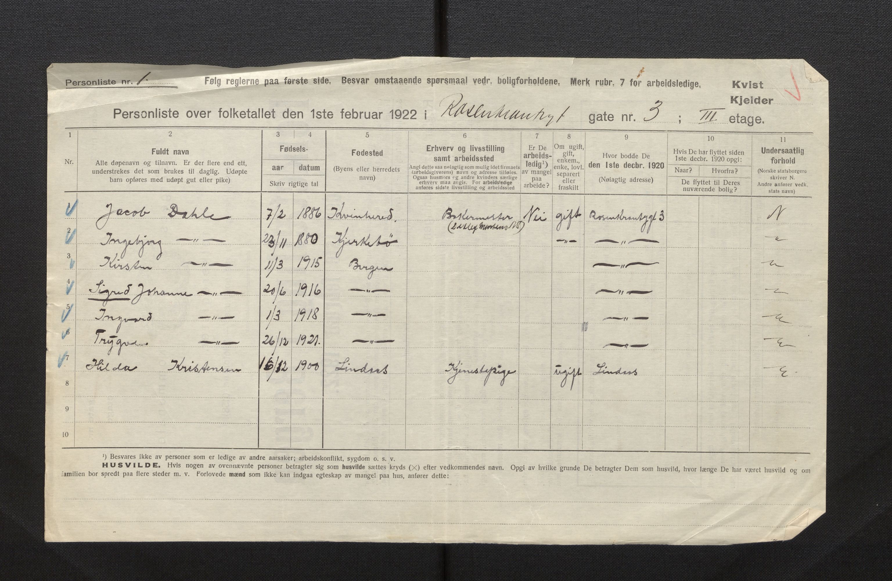 SAB, Municipal Census 1922 for Bergen, 1922, p. 33123