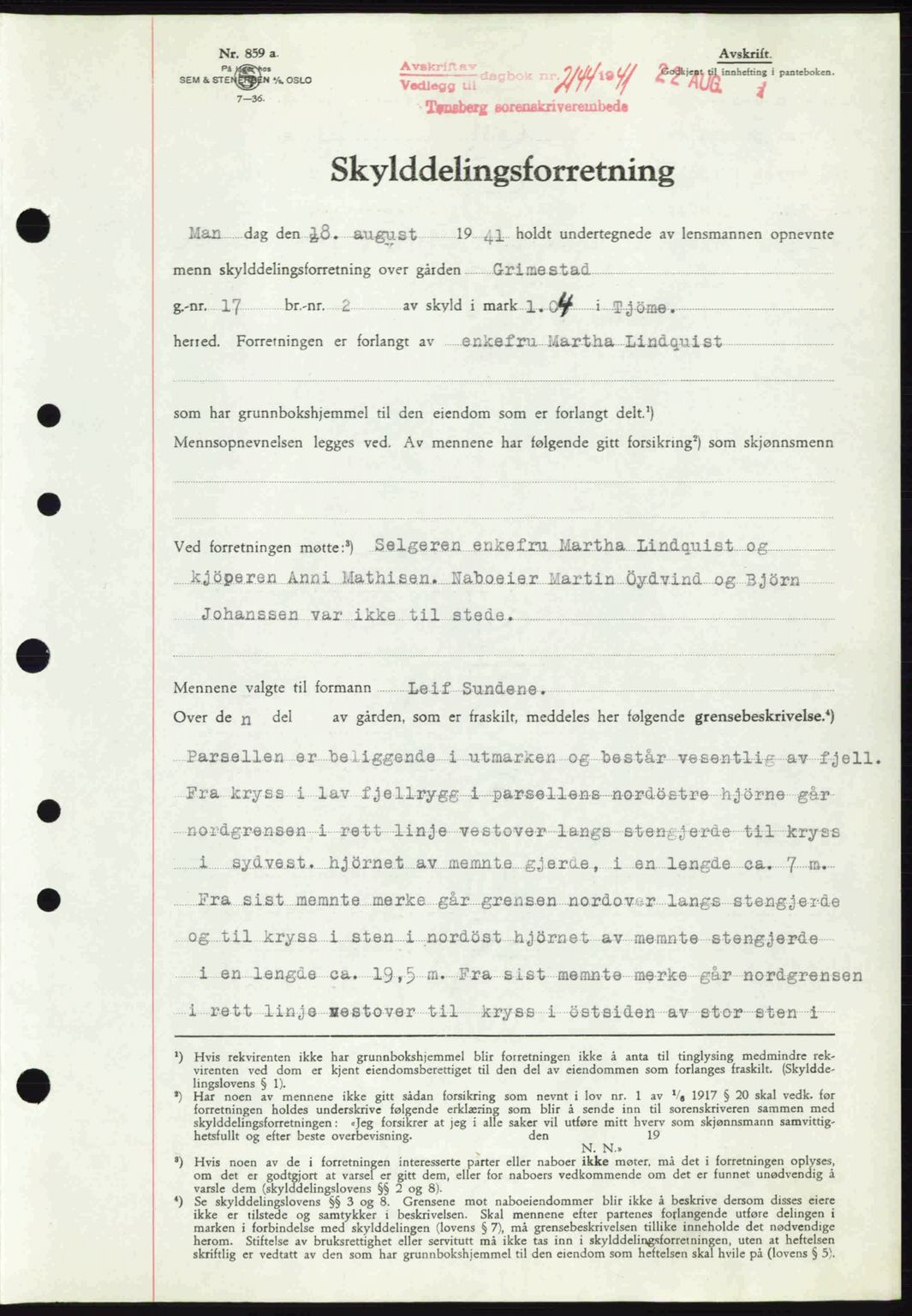 Tønsberg sorenskriveri, AV/SAKO-A-130/G/Ga/Gaa/L0010: Mortgage book no. A10, 1941-1941, Diary no: : 2144/1941